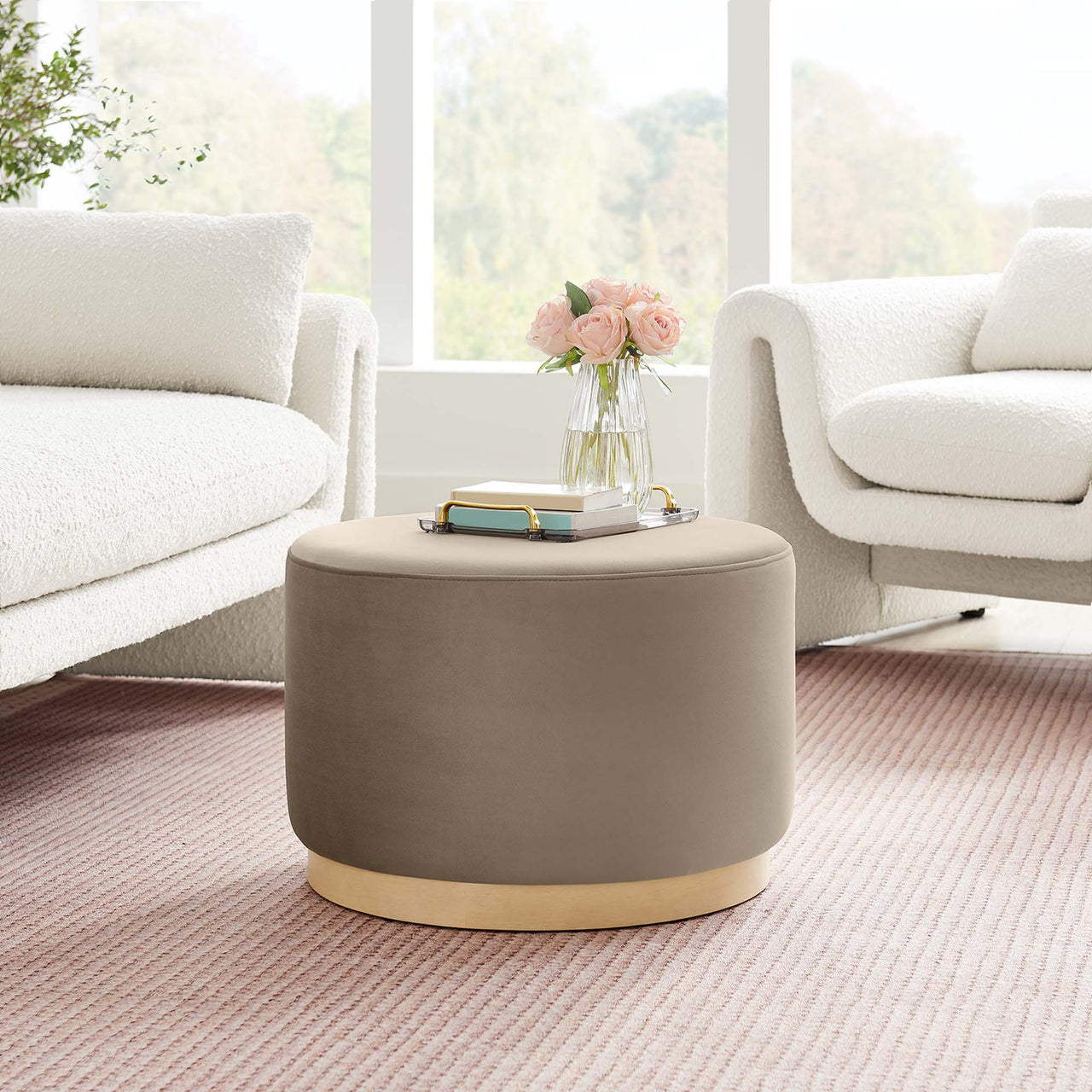 Ardena Round Velvet Ottoman, Small, Taupe & Cream