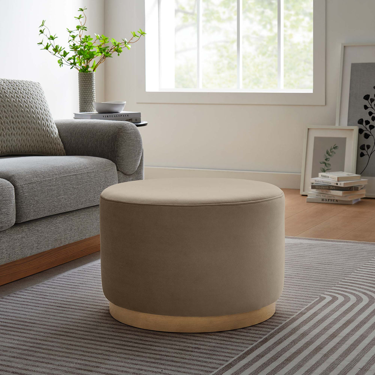 Ardena Round Velvet Ottoman, Small, Taupe & Cream