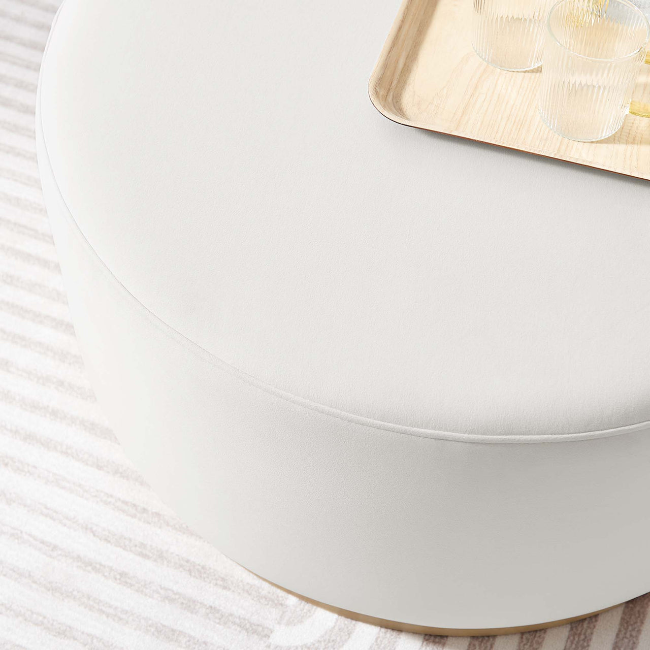 Ardena Round Velvet Ottoman, Medium, Chalk & Cream