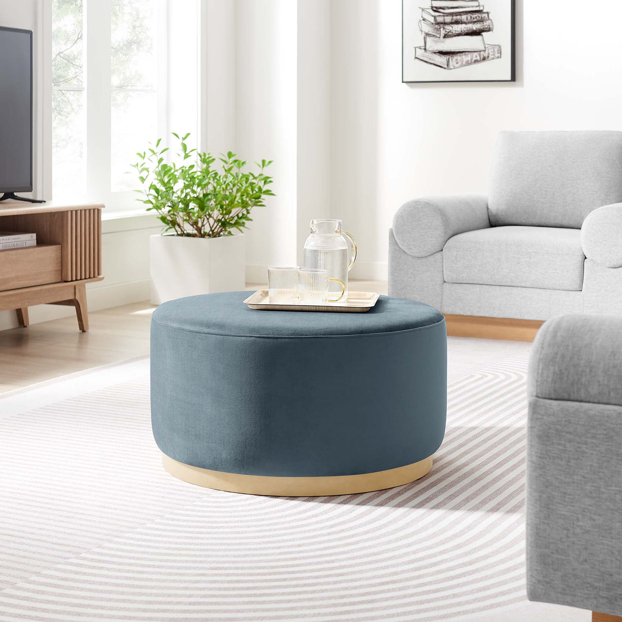 Ardena Round Velvet Ottoman, Medium, Slate & Cream