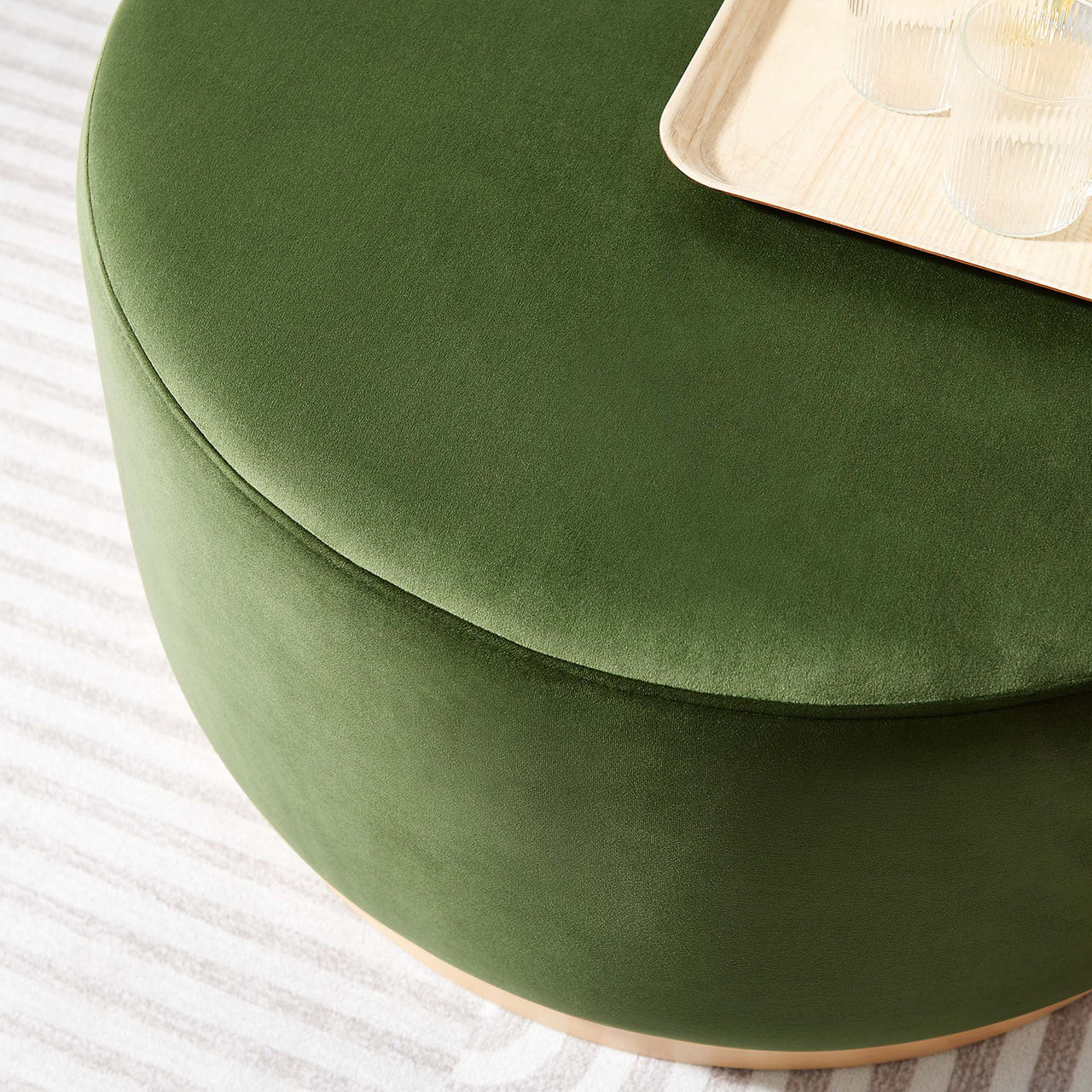 Ardena Round Velvet Ottoman, Medium, Basil & Cream