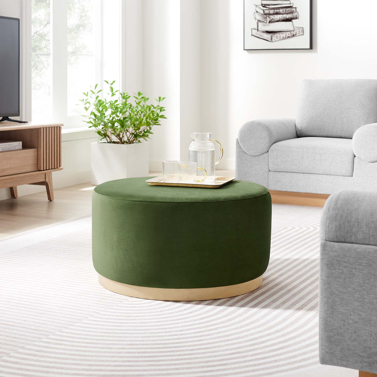 Ardena Round Velvet Ottoman, Medium, Basil & Cream