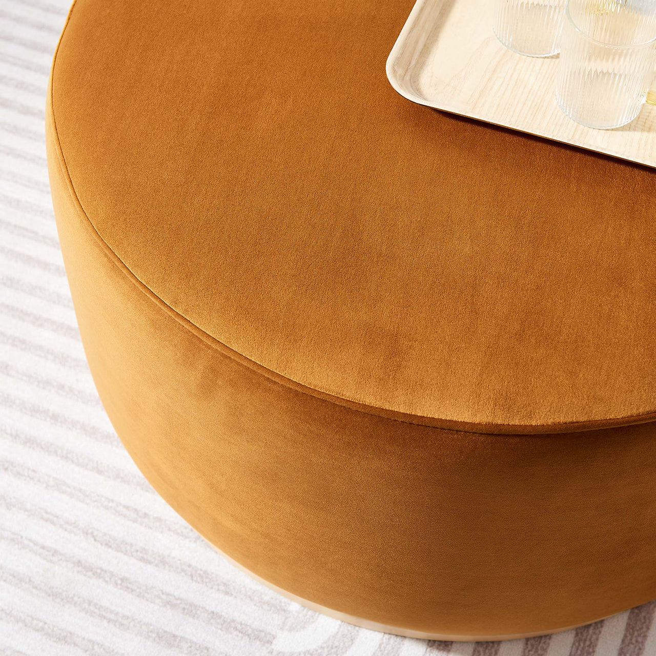 Ardena Round Velvet Ottoman, Medium, Terracotta & Cream