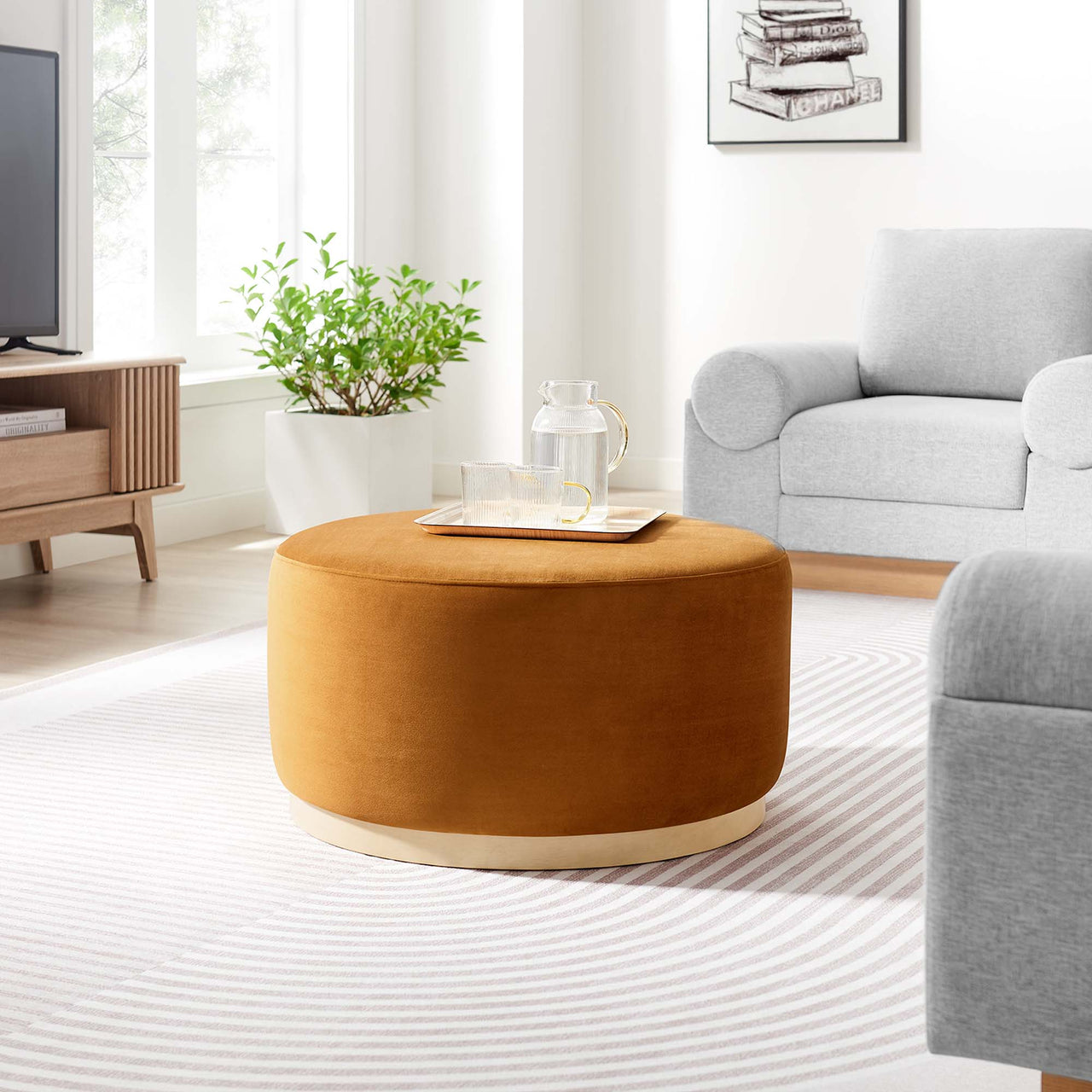 Ardena Round Velvet Ottoman, Medium, Terracotta & Cream