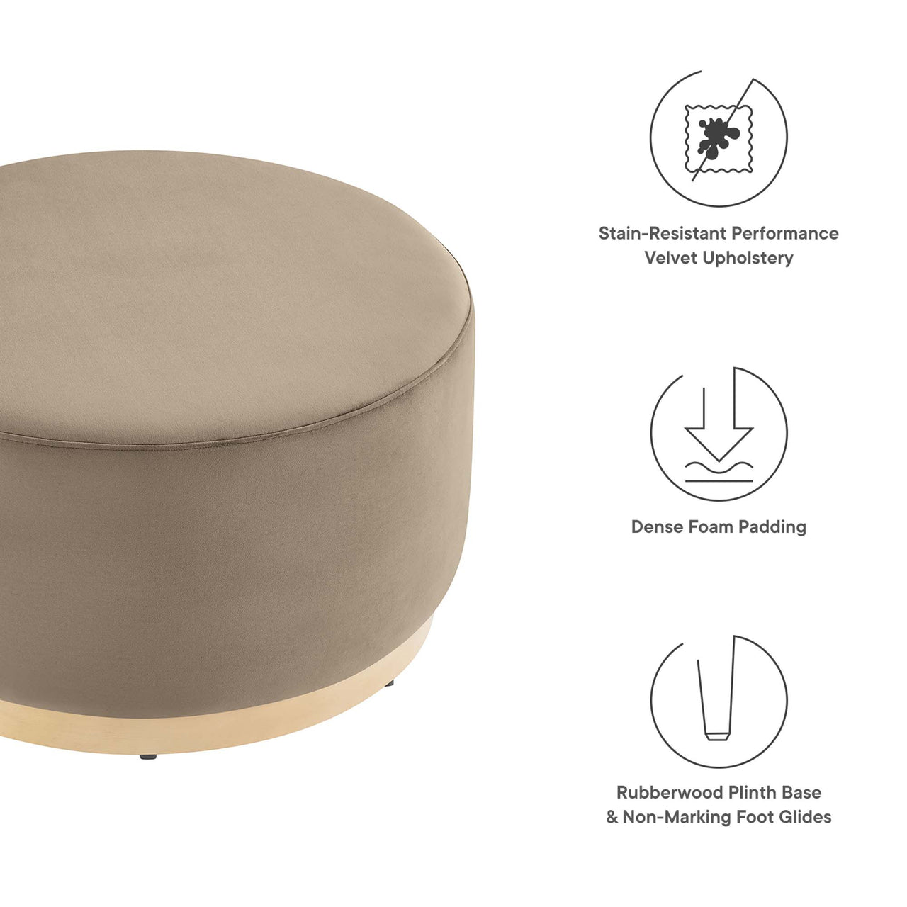 Ardena Round Velvet Ottoman, Medium, Taupe & Cream