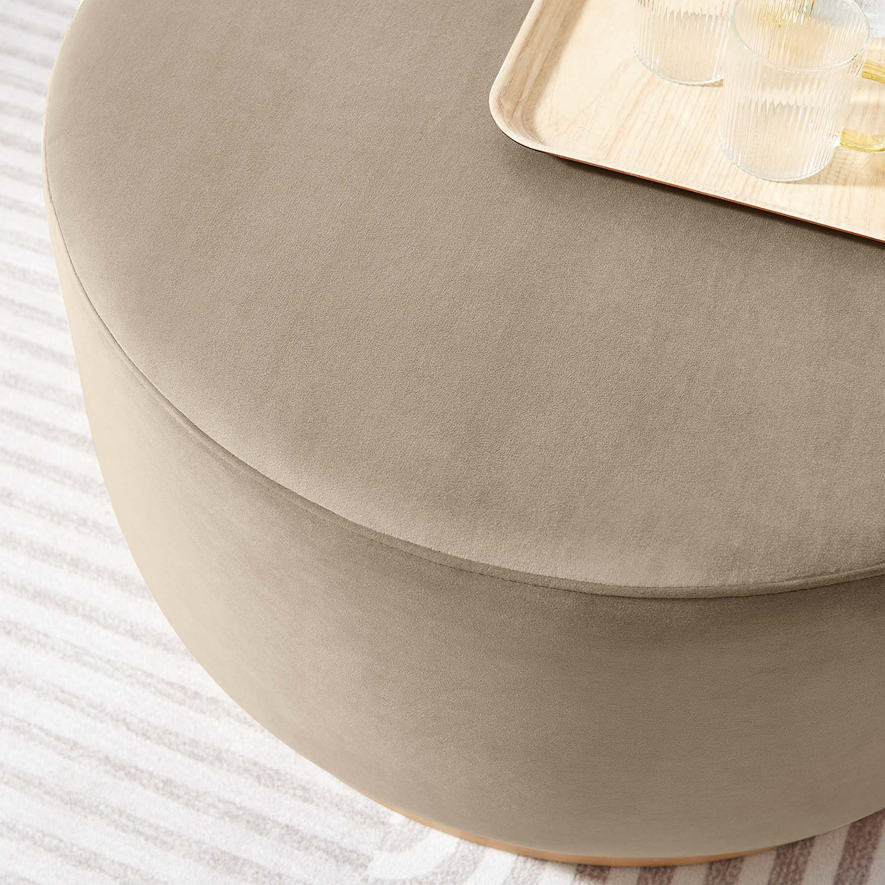 Ardena Round Velvet Ottoman, Medium, Taupe & Cream
