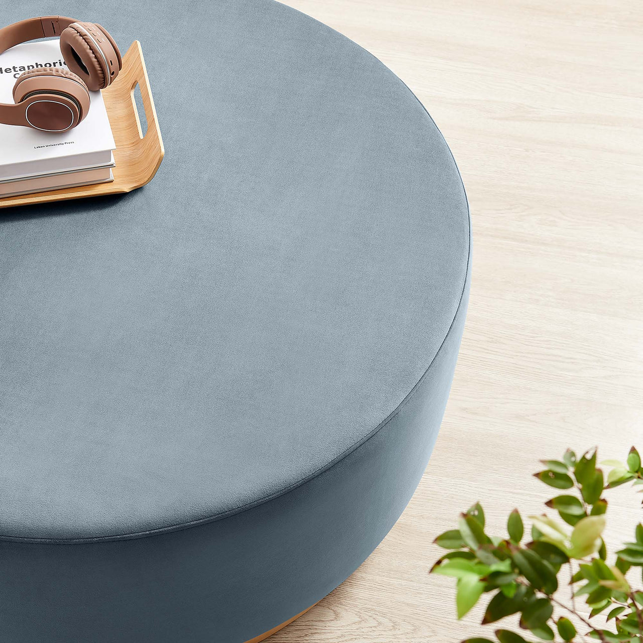 Ardena Round Velvet Ottoman, Large, Slate & Cream