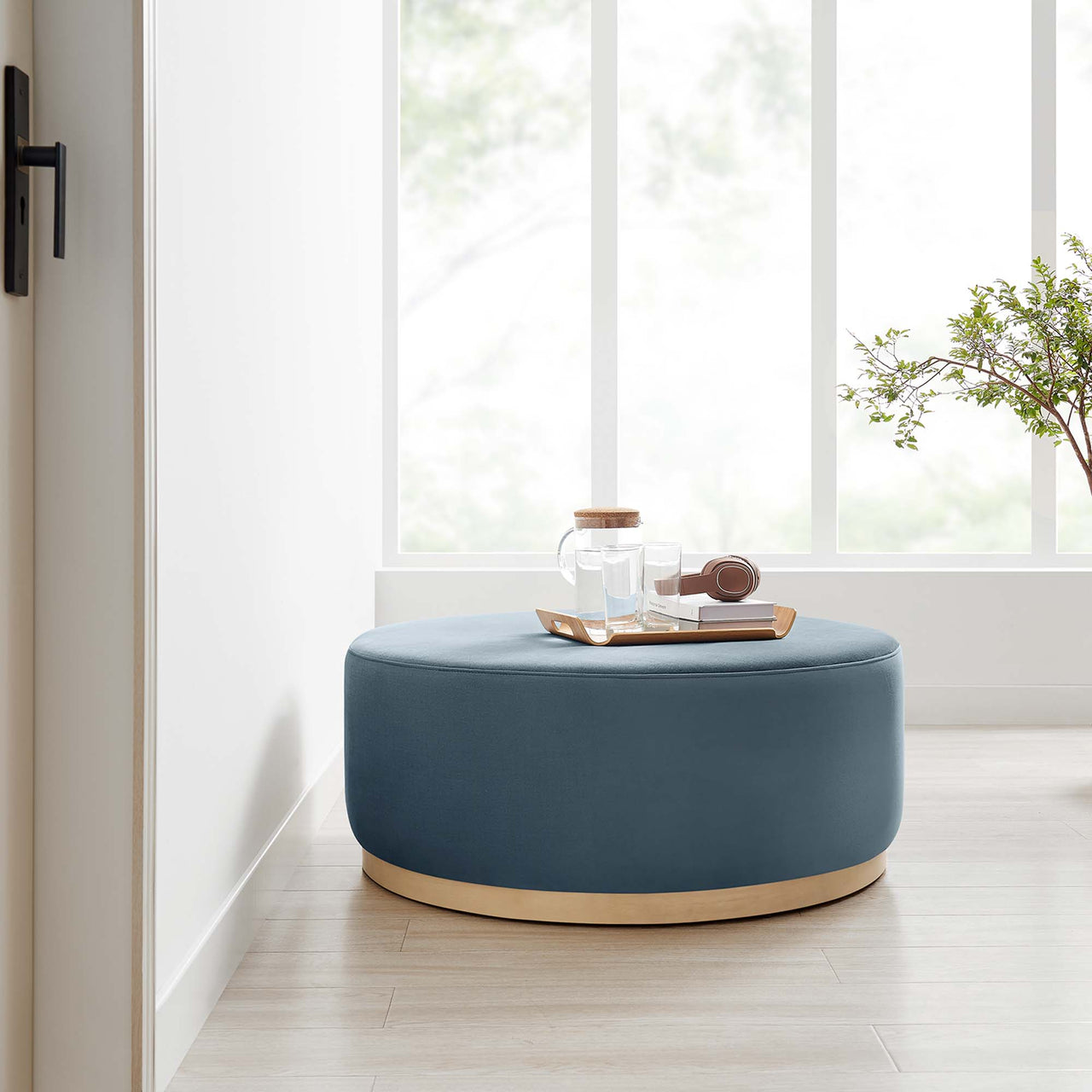 Ardena Round Velvet Ottoman, Large, Slate & Cream