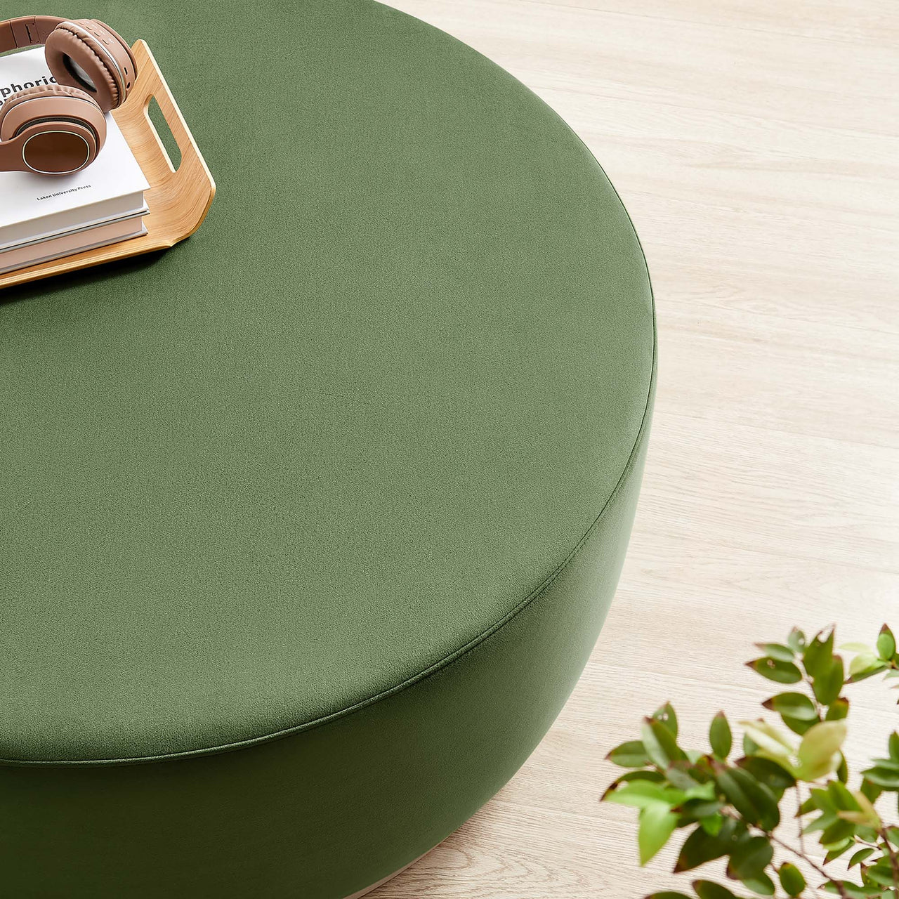 Ardena Round Velvet Ottoman, Large, Basil & Cream