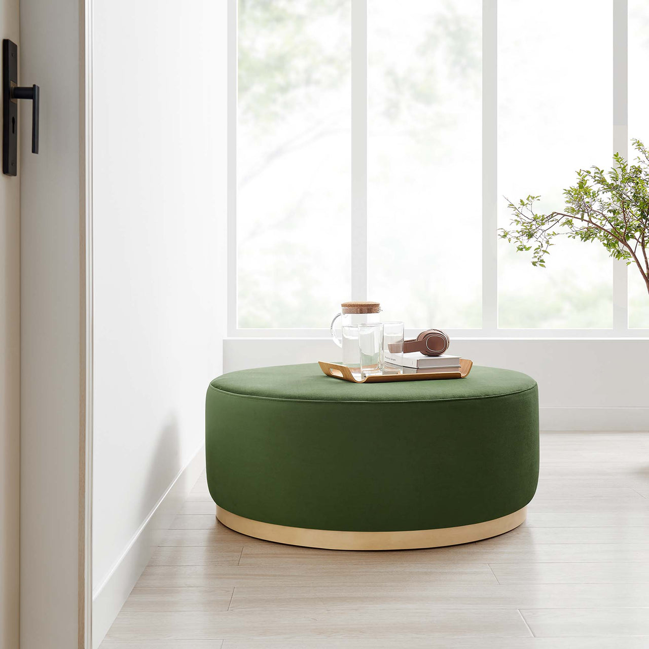 Ardena Round Velvet Ottoman, Large, Basil & Cream