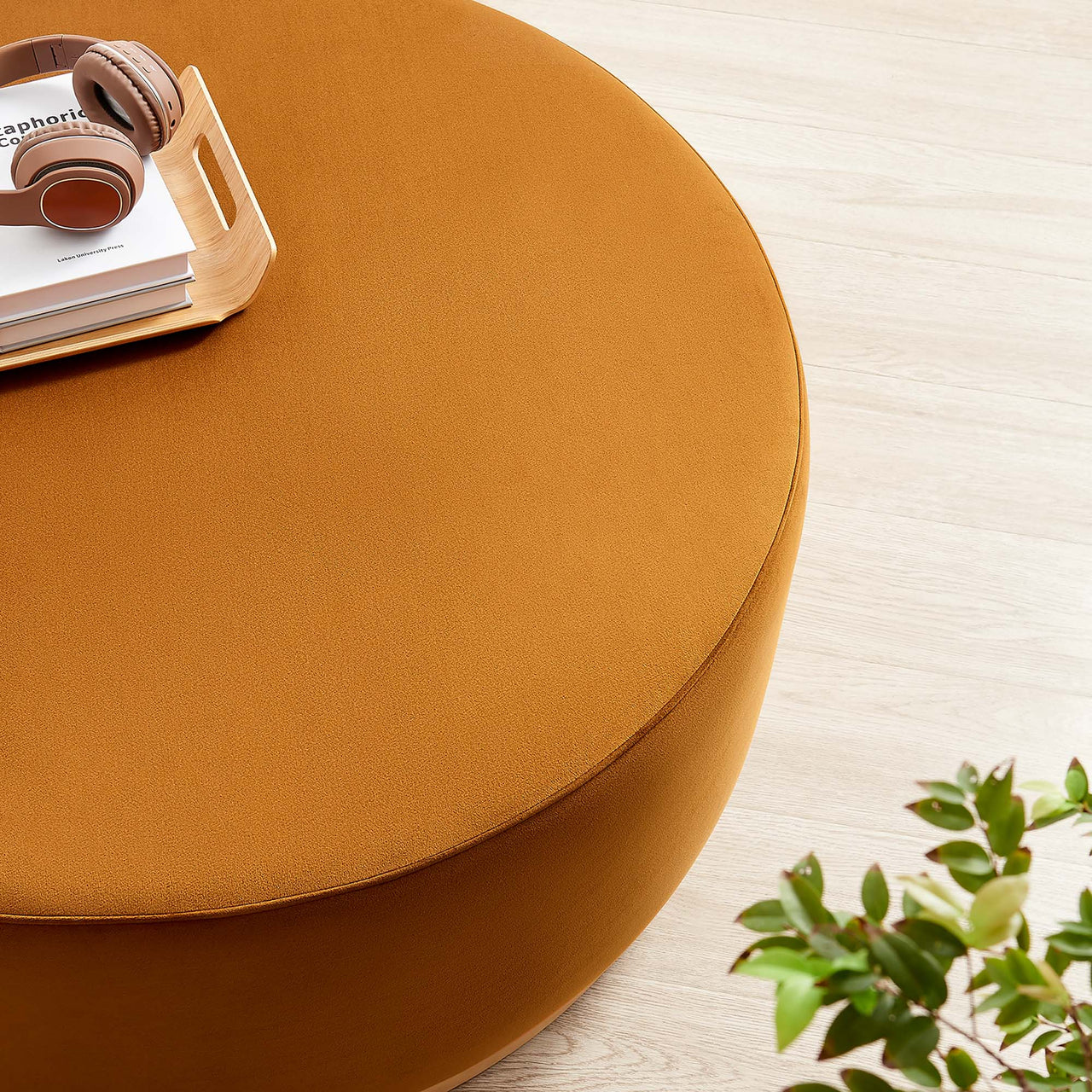Ardena Round Velvet Ottoman, Large, Terracotta & Cream