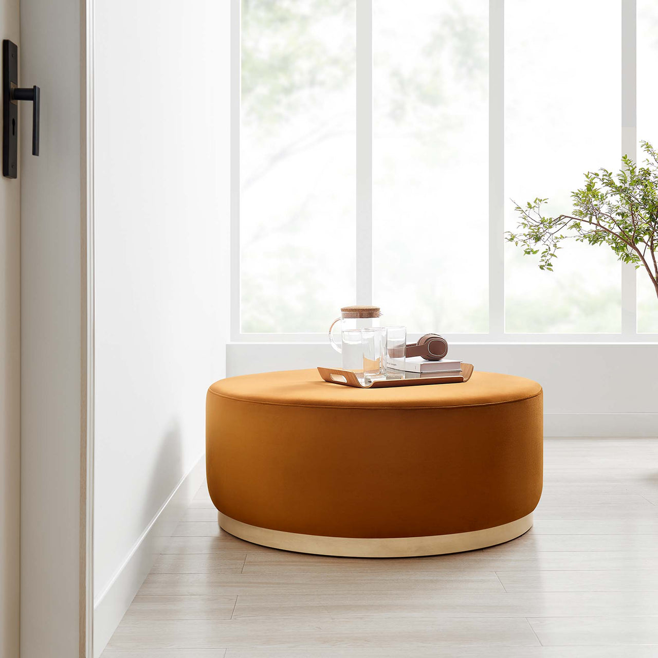 Ardena Round Velvet Ottoman, Large, Terracotta & Cream