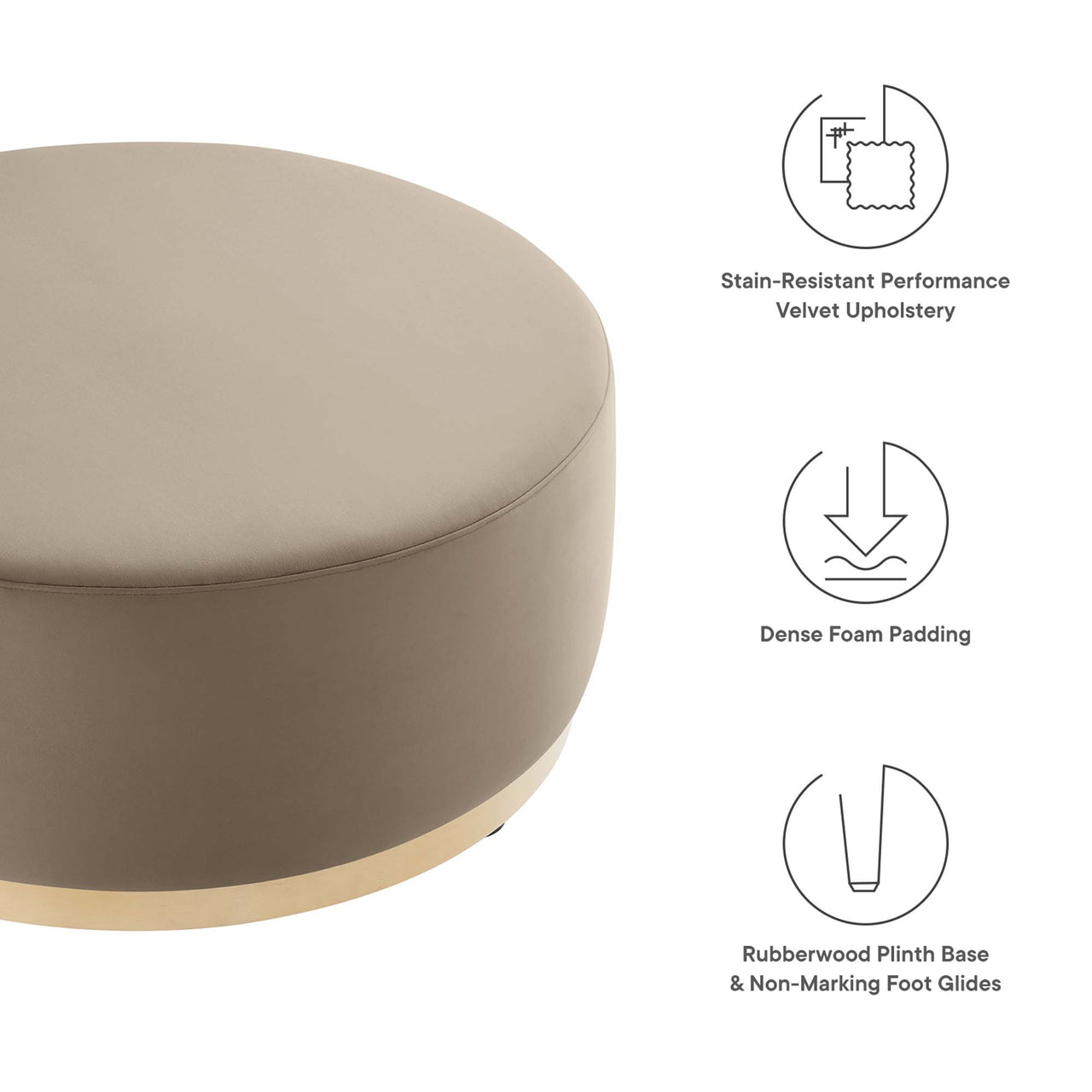 Ardena Round Velvet Ottoman, Large, Taupe & Cream