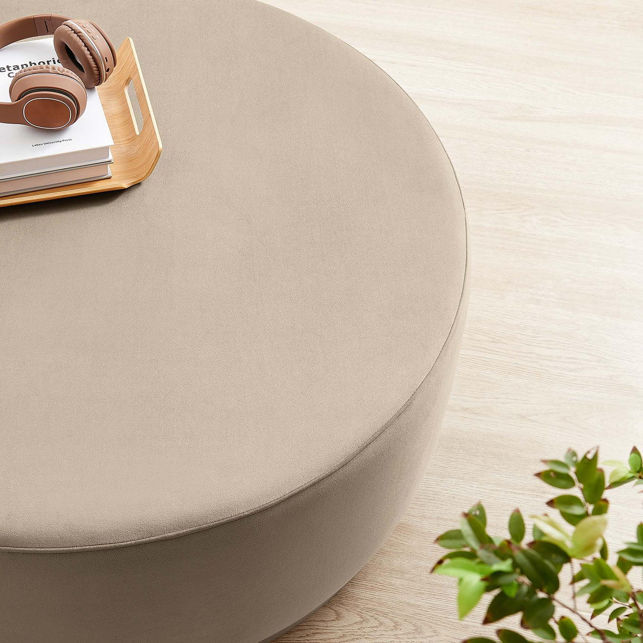 Ardena Round Velvet Ottoman, Large, Taupe & Cream