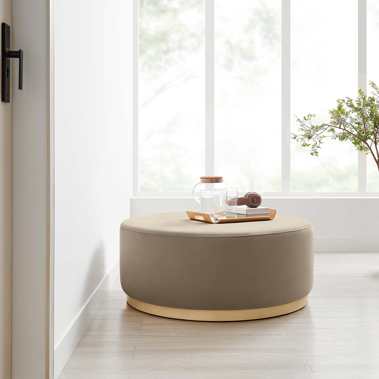 Ardena Round Velvet Ottoman, Large, Taupe & Cream
