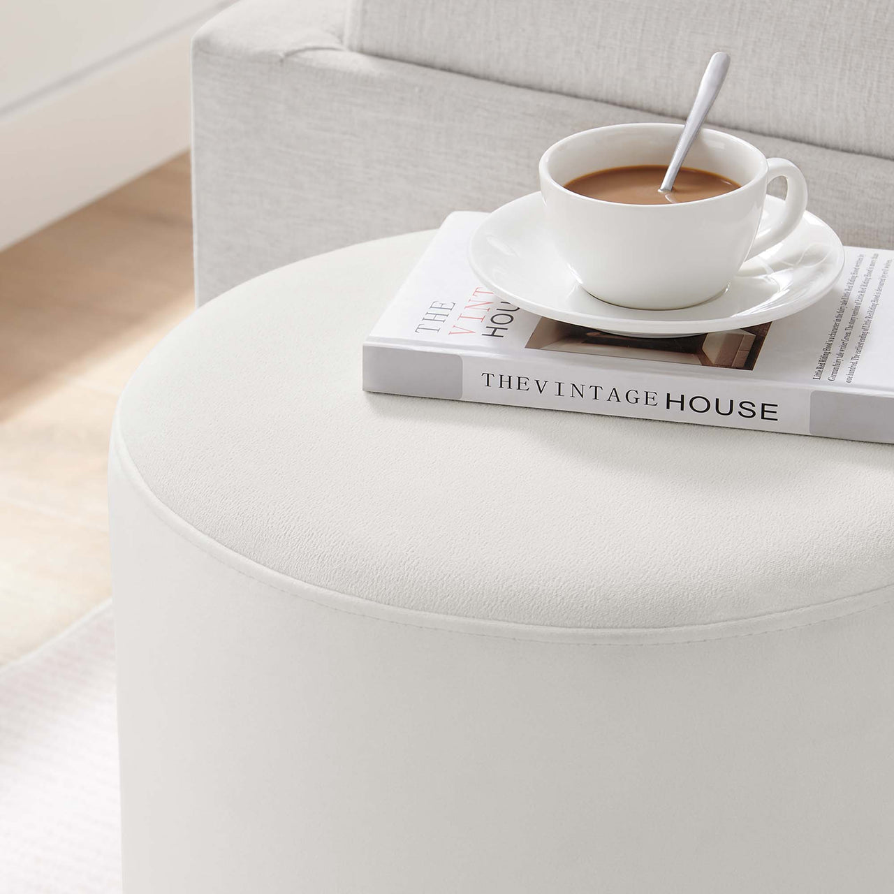 Ardena Round Velvet Ottoman | Side Table, Chalk & Cream