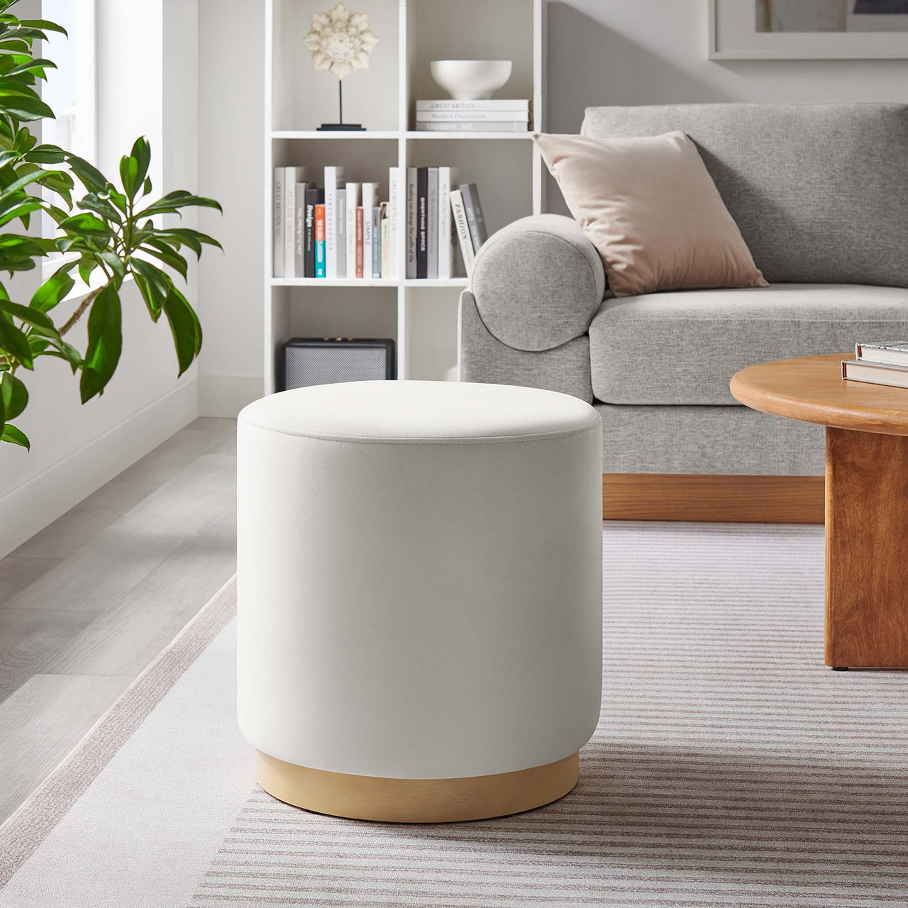 Ardena Round Velvet Ottoman | Side Table, Chalk & Cream