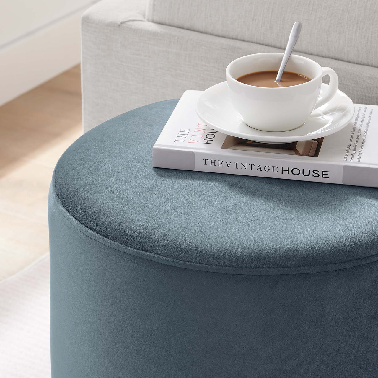 Ardena Round Velvet Ottoman | Side Table, Slate & Cream