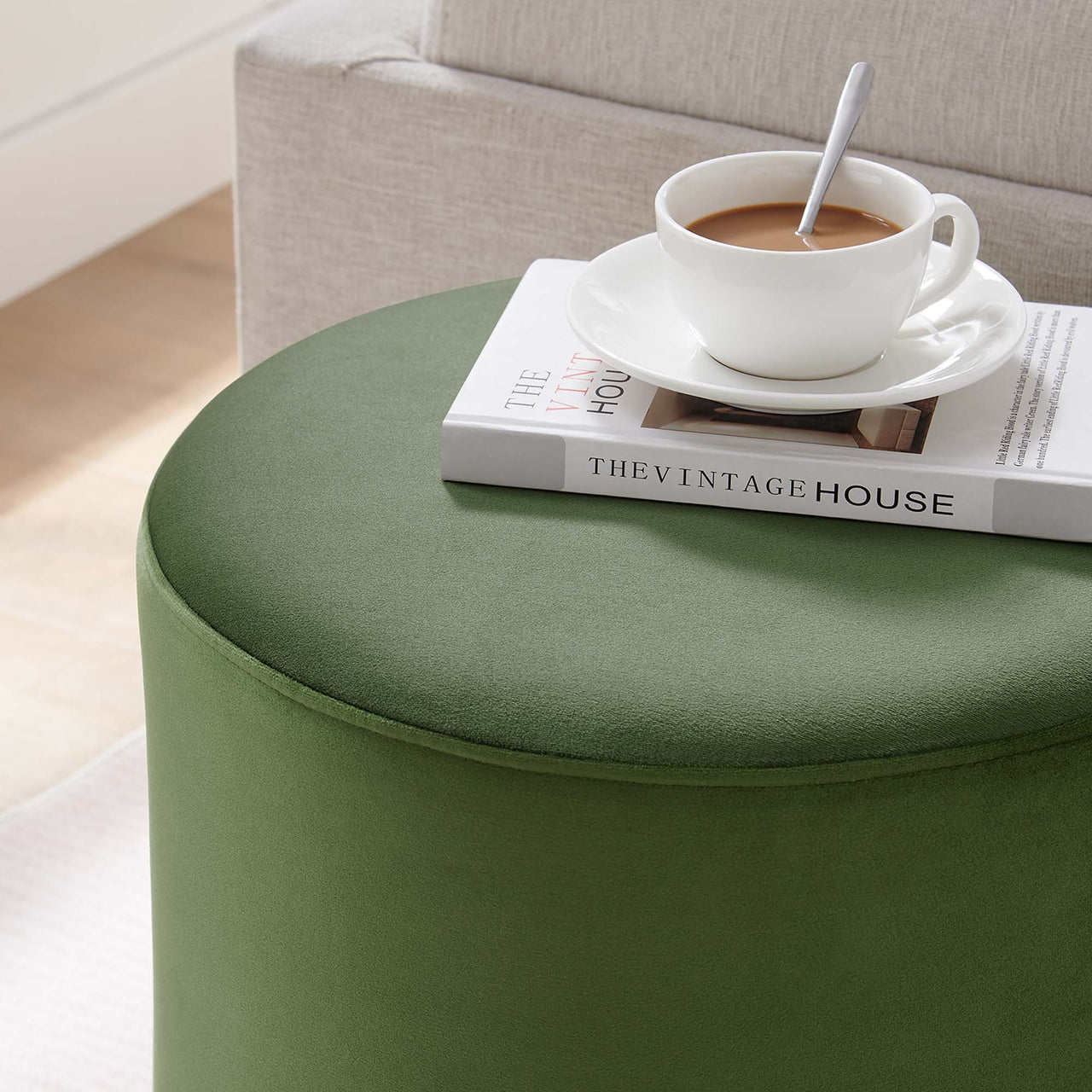 Ardena Round Velvet Ottoman | Side Table, Basil & Cream