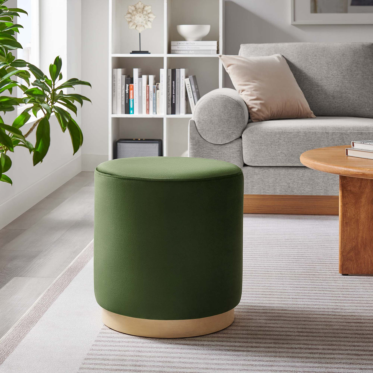 Ardena Round Velvet Ottoman | Side Table, Basil & Cream