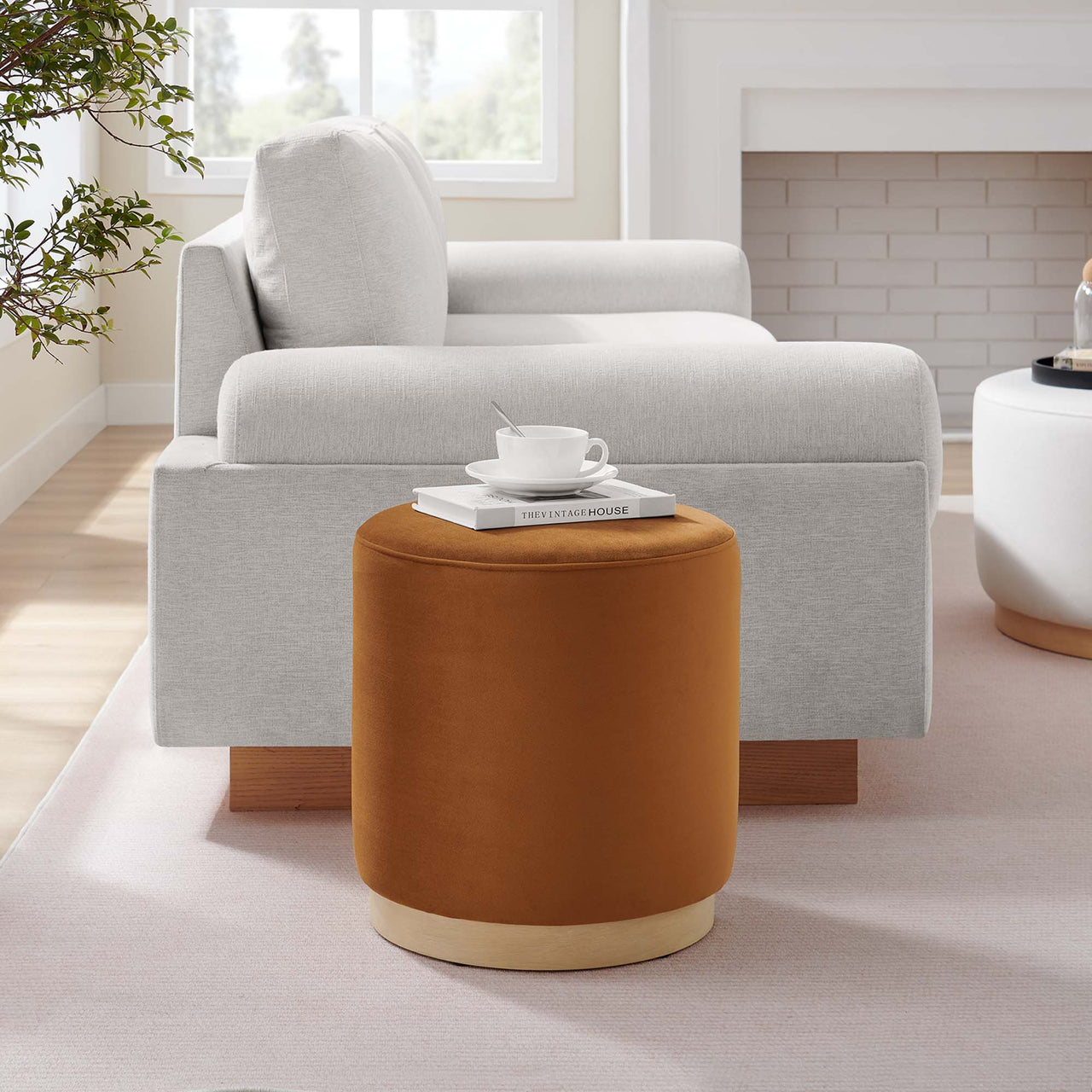 Ardena Round Velvet Ottoman | Side Table, Terracotta & Cream