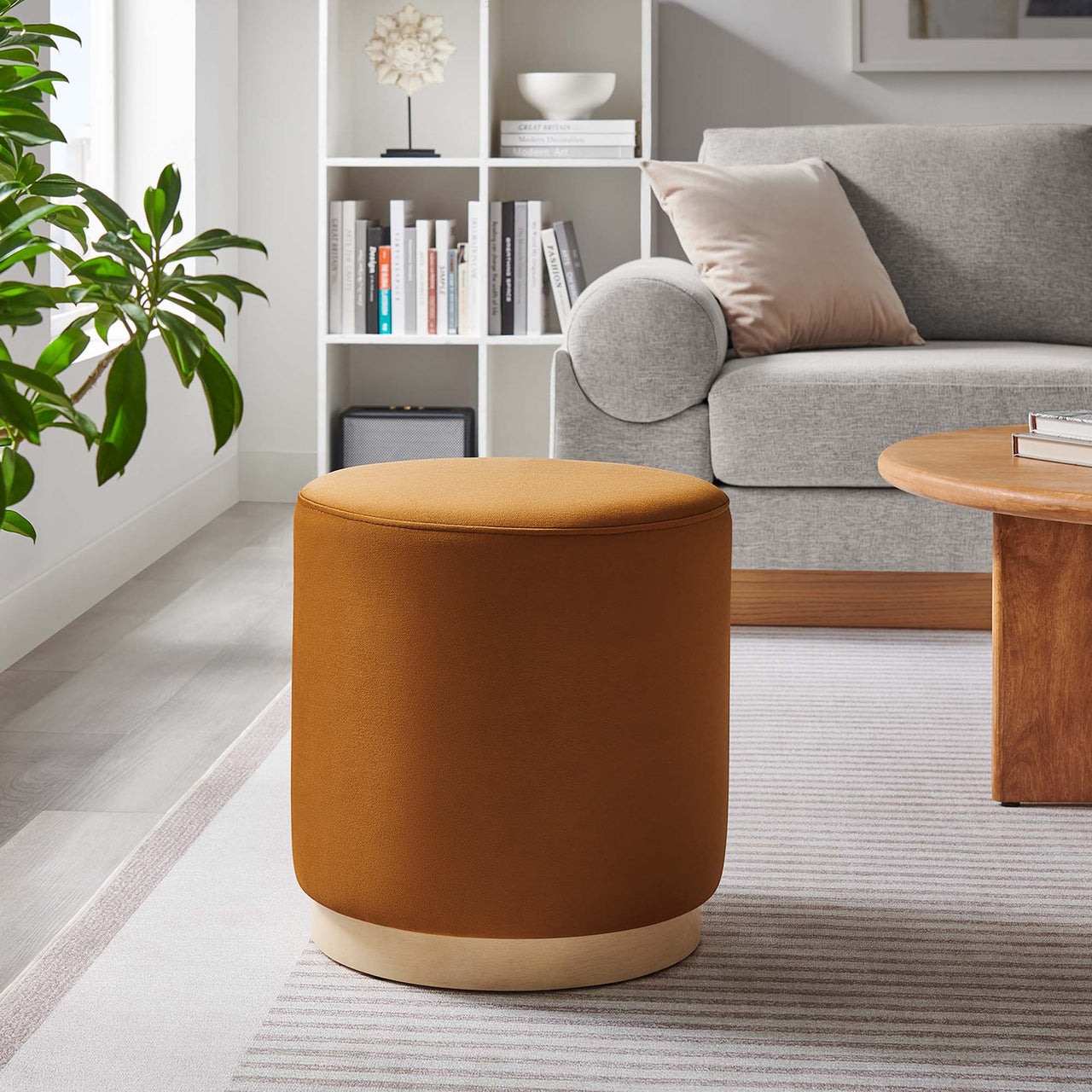 Ardena Round Velvet Ottoman | Side Table, Terracotta & Cream