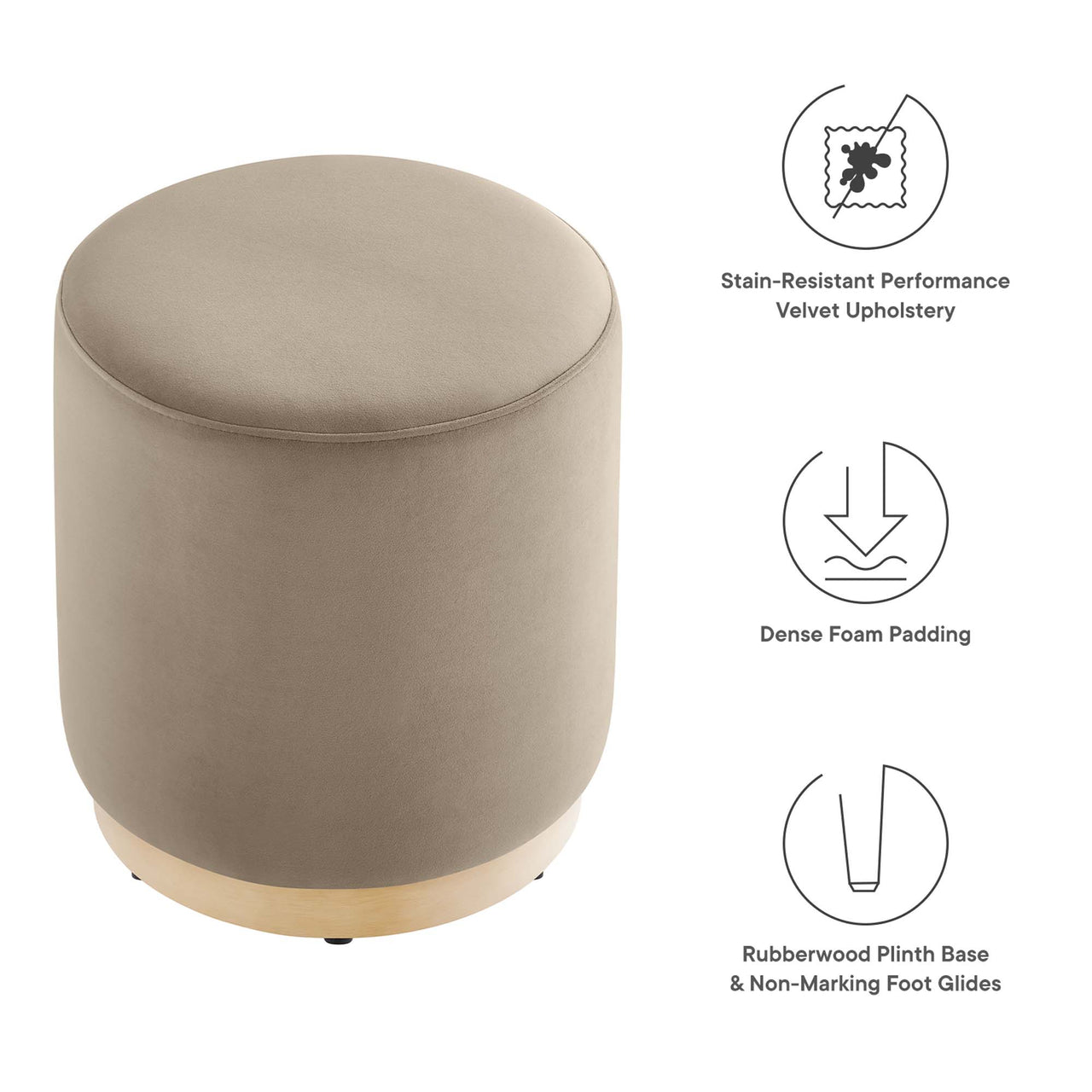 Ardena Round Velvet Ottoman | Side Table, Taupe & Cream