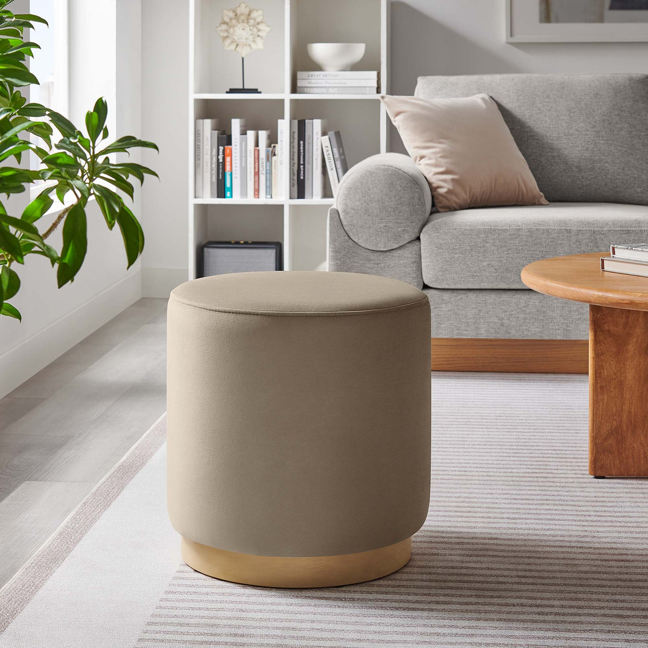 Ardena Round Velvet Ottoman | Side Table, Taupe & Cream