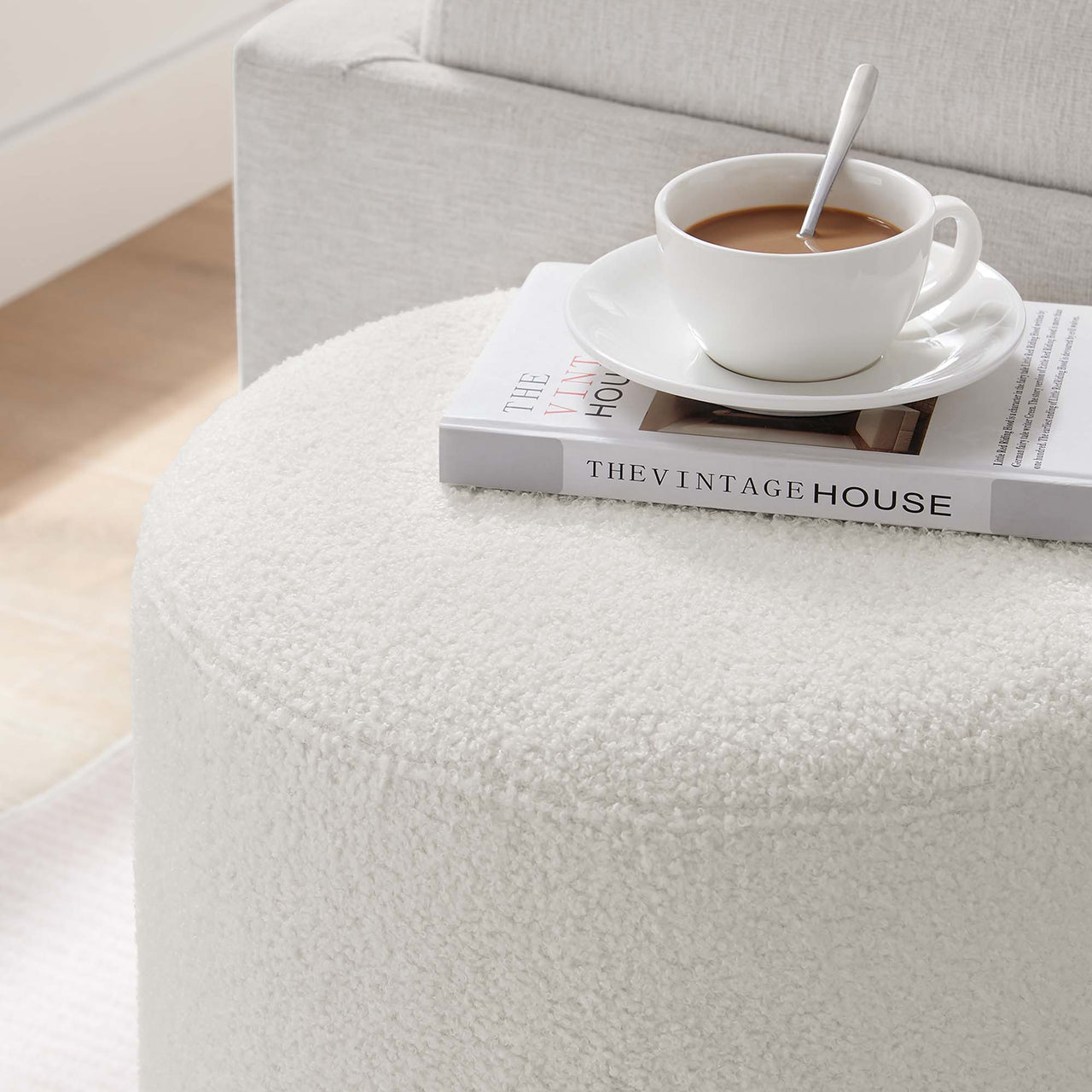 Ardena Round Sherpa Ottoman | Side Table, Ivory & Cream