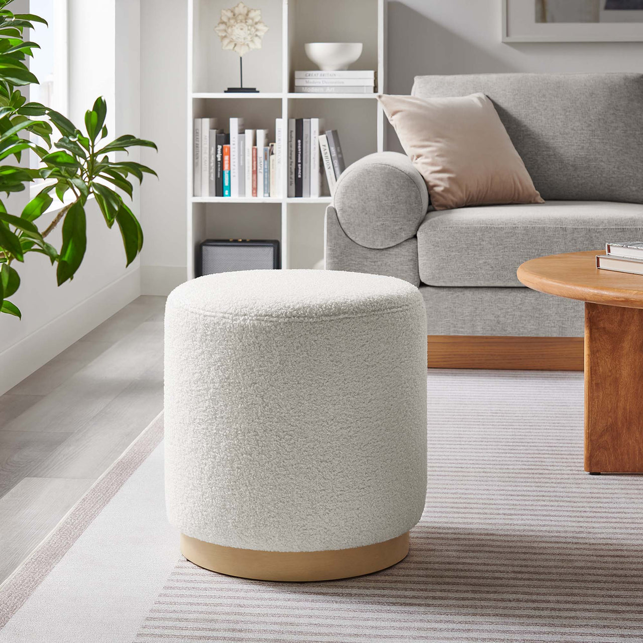 Ardena Round Sherpa Ottoman | Side Table, Ivory & Cream
