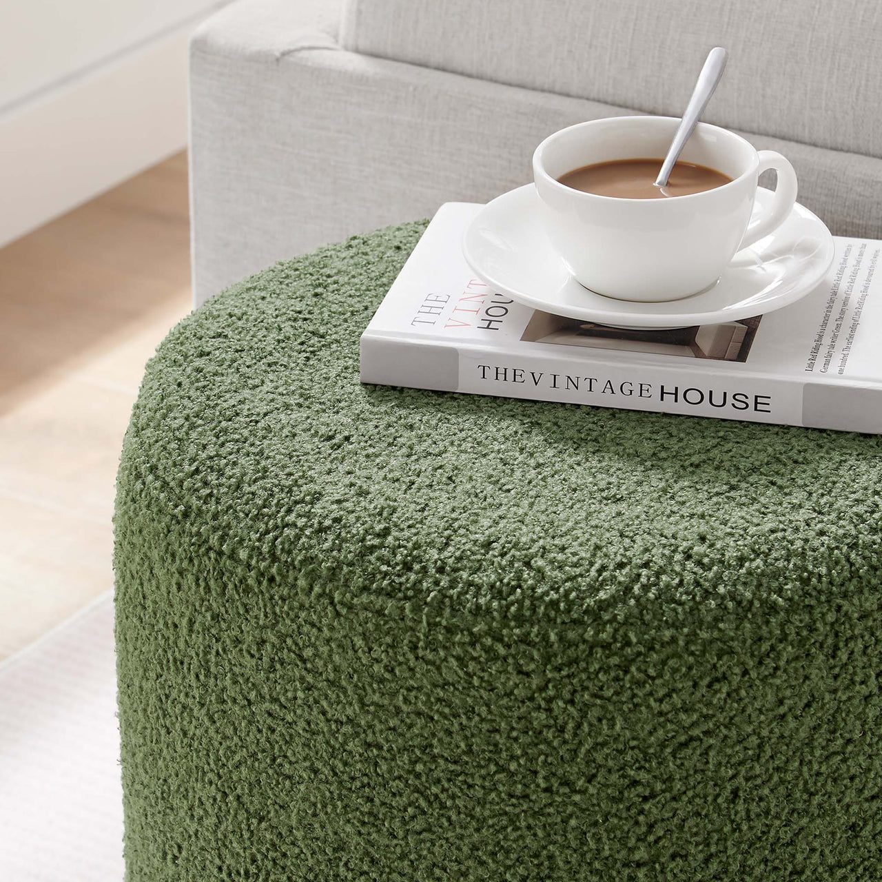 Ardena Round Sherpa Ottoman | Side Table, Basil & Cream