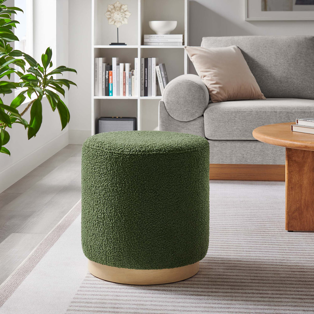 Ardena Round Sherpa Ottoman | Side Table, Basil & Cream