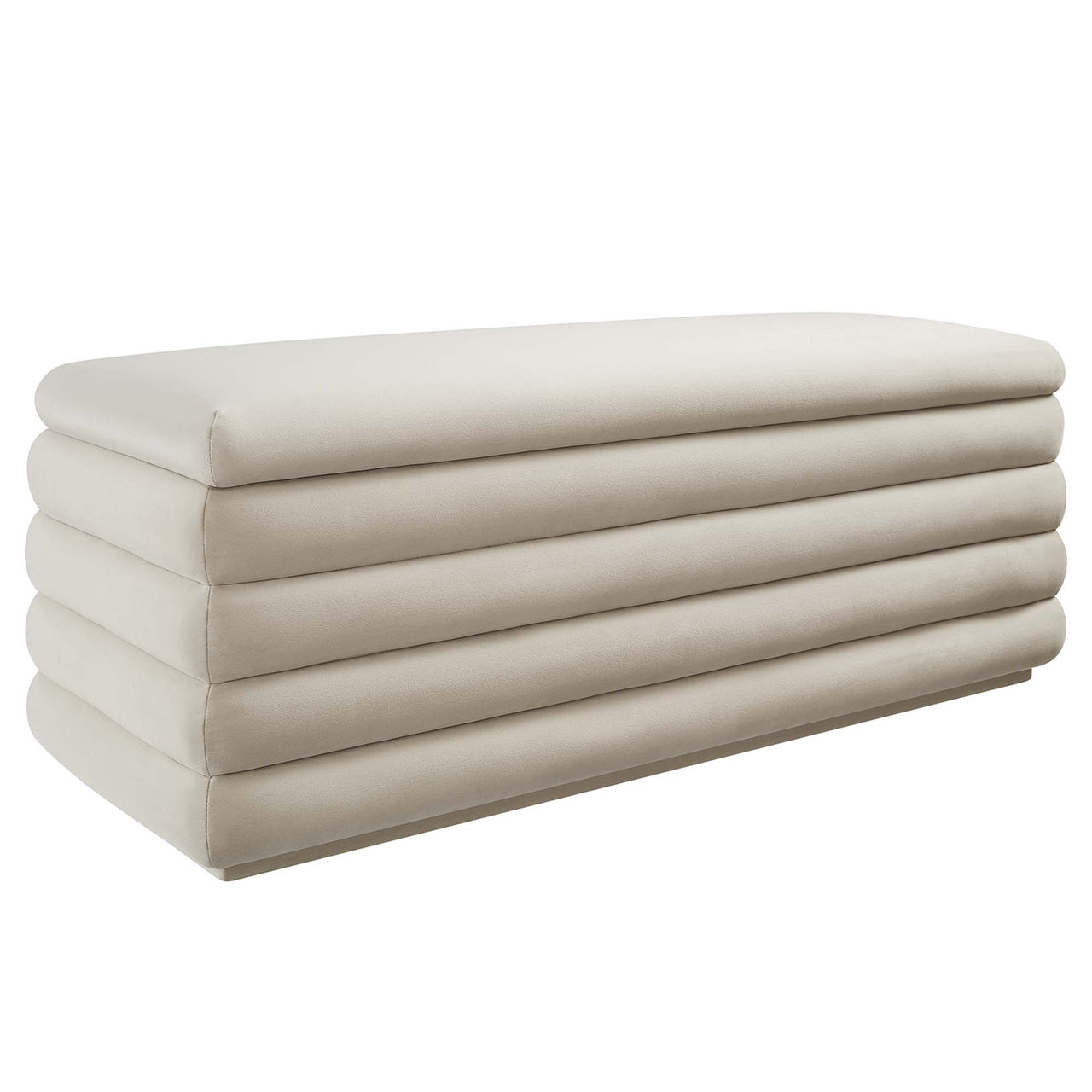 Stacked Upholstered Velvet Storage Bench, Almond