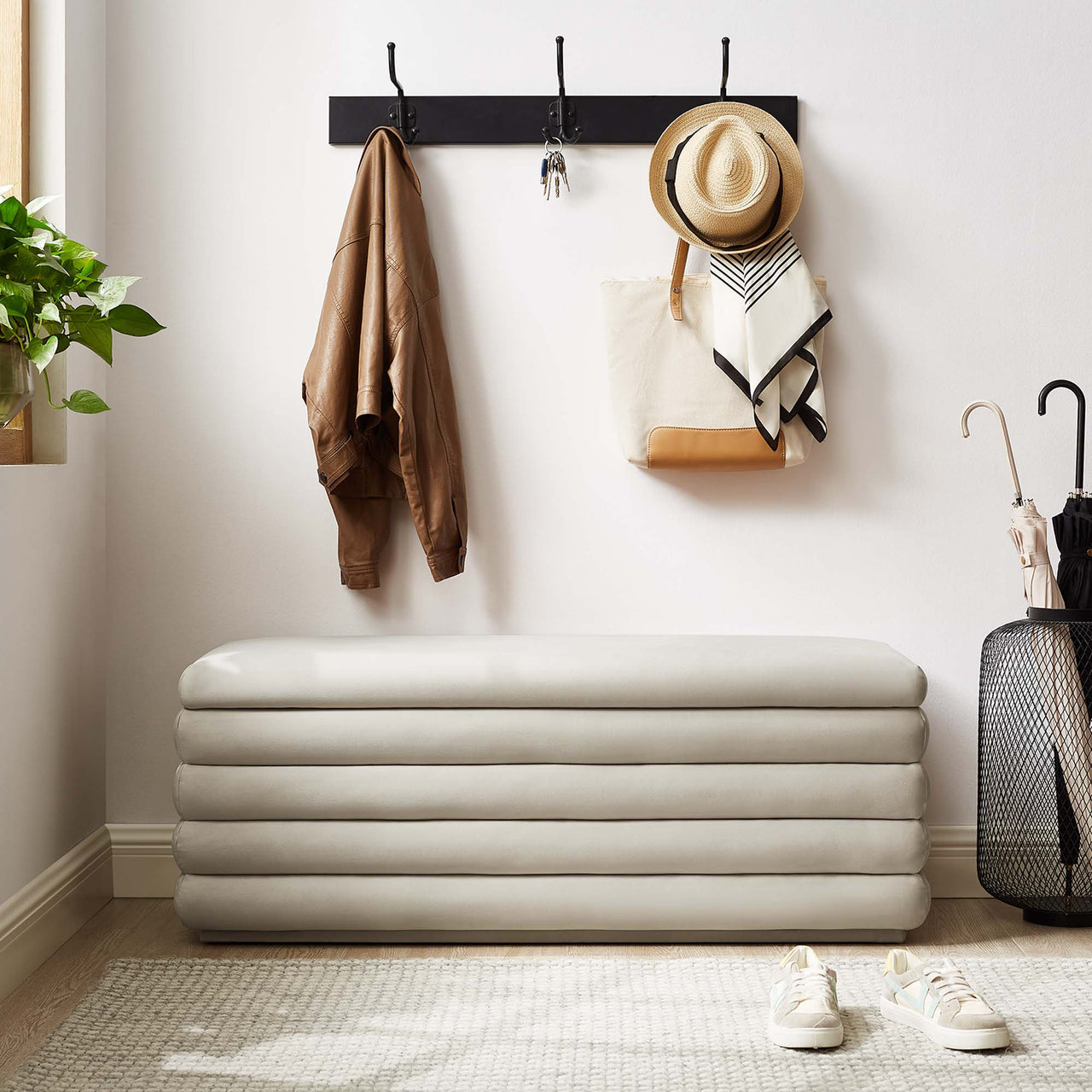 Stacked Upholstered Velvet Storage Bench, Almond