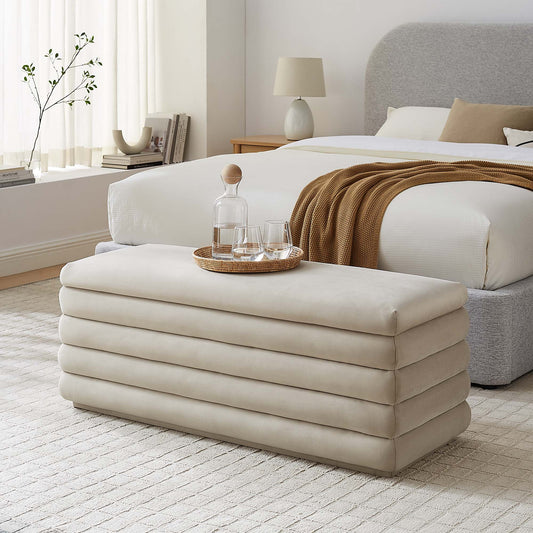 Stacked Upholstered Velvet Storage Bench, Almond