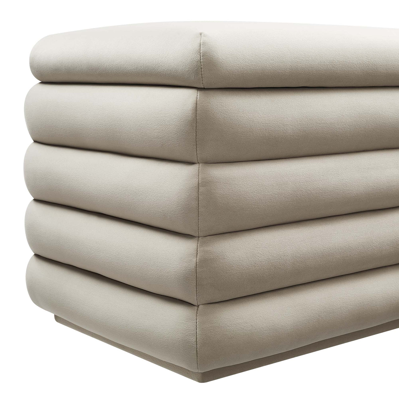 Stacked Upholstered Velvet Storage Bench, Almond