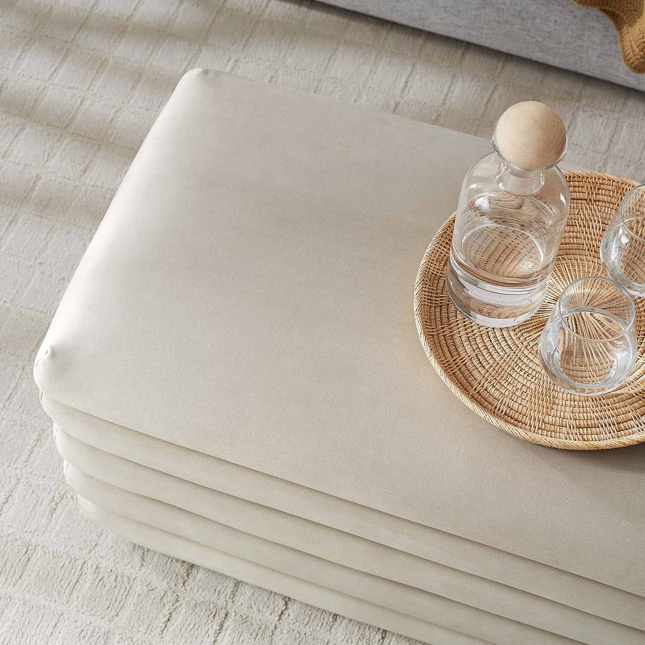 Stacked Upholstered Velvet Storage Bench, Almond
