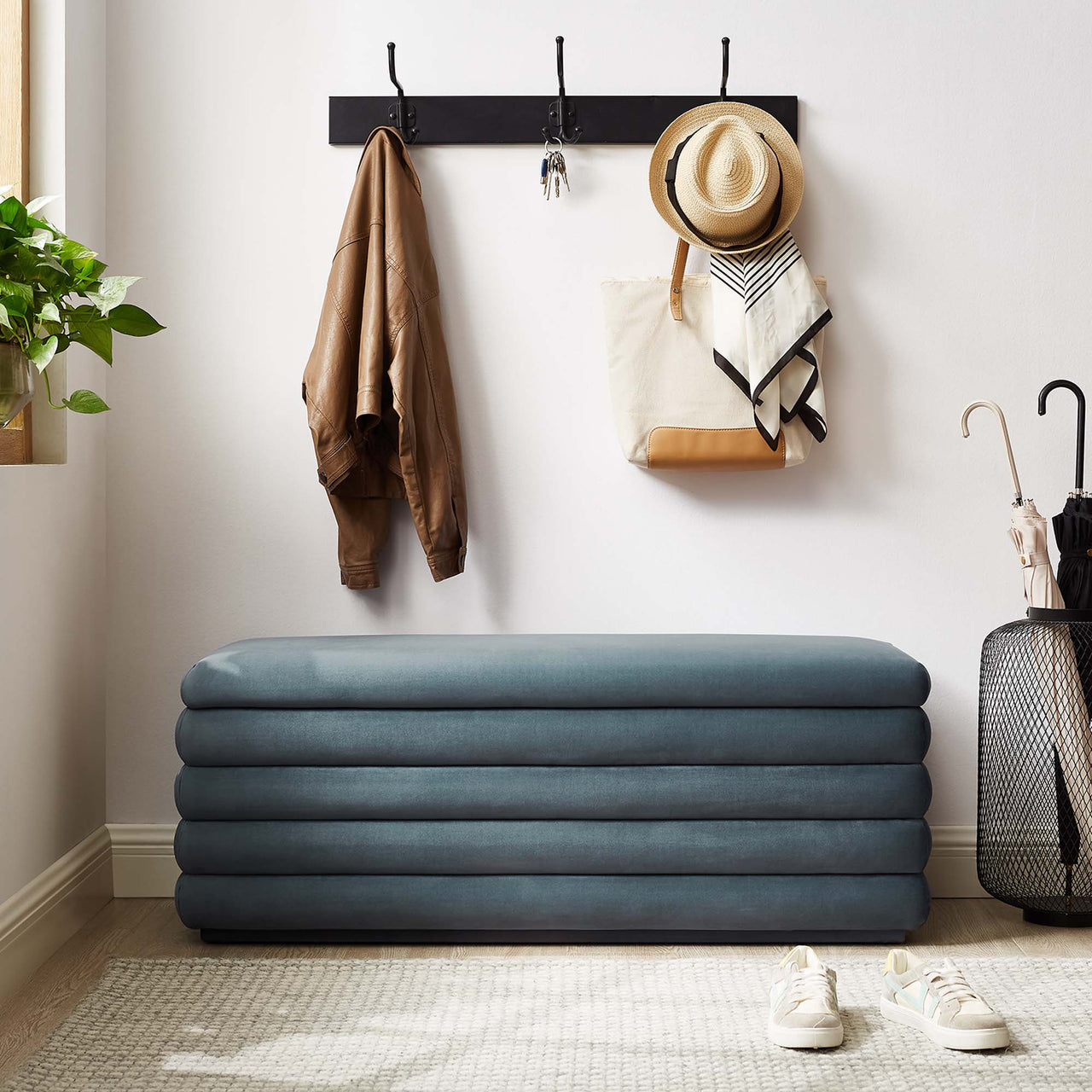Stacked Upholstered Velvet Storage Bench, Slate