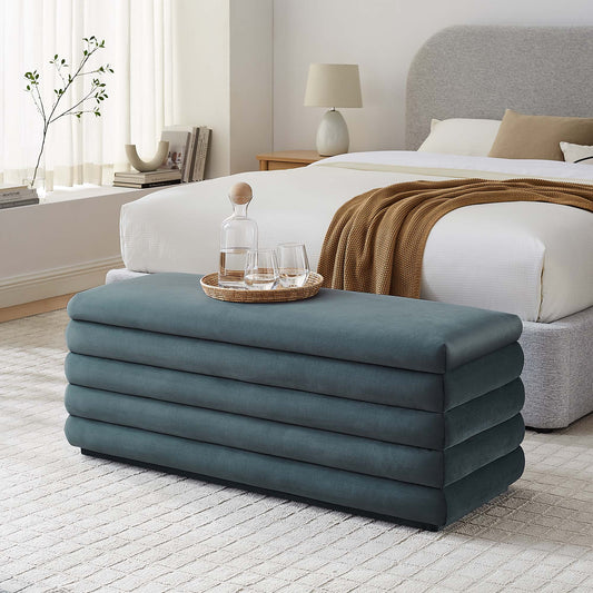 Stacked Upholstered Velvet Storage Bench, Slate
