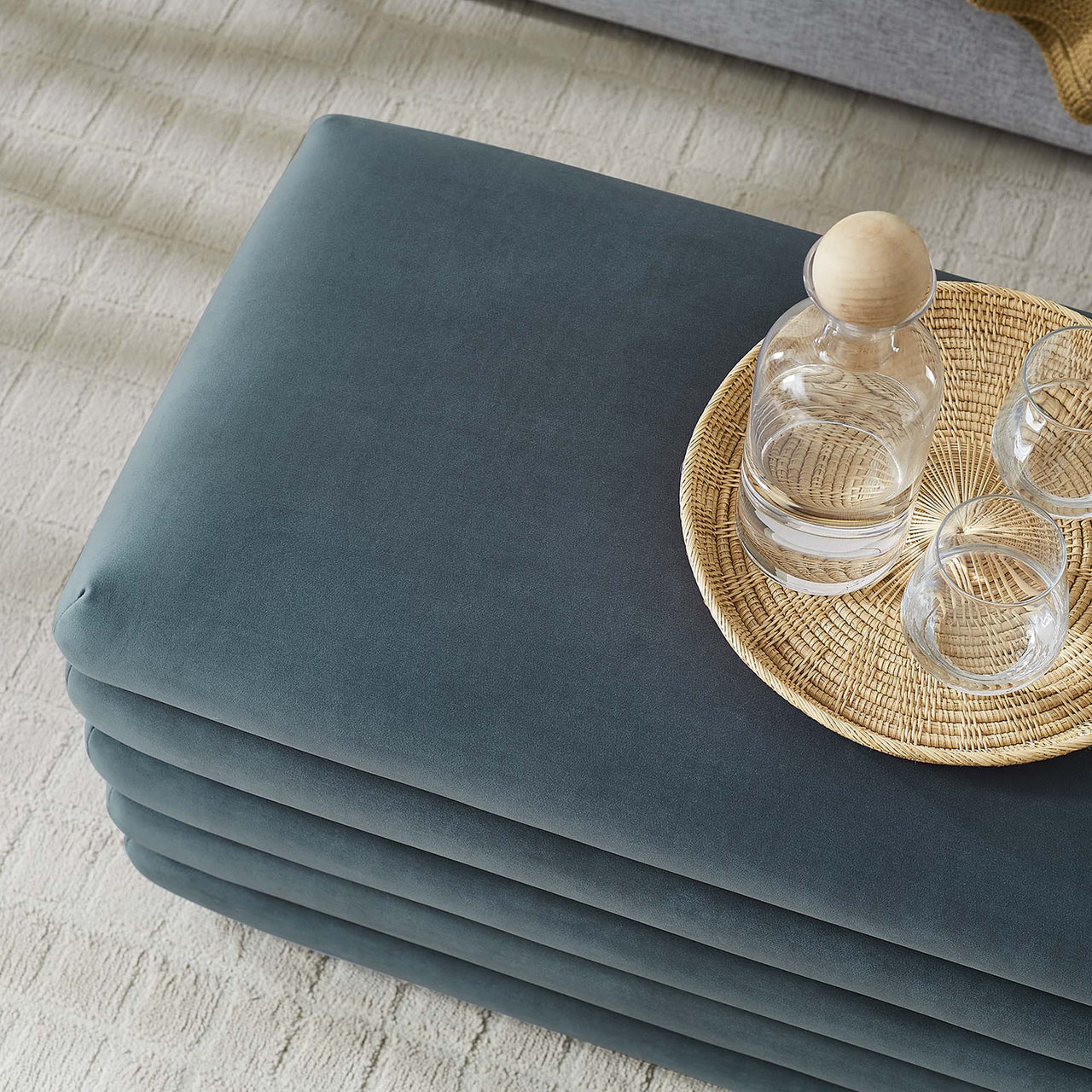 Stacked Upholstered Velvet Storage Bench, Slate
