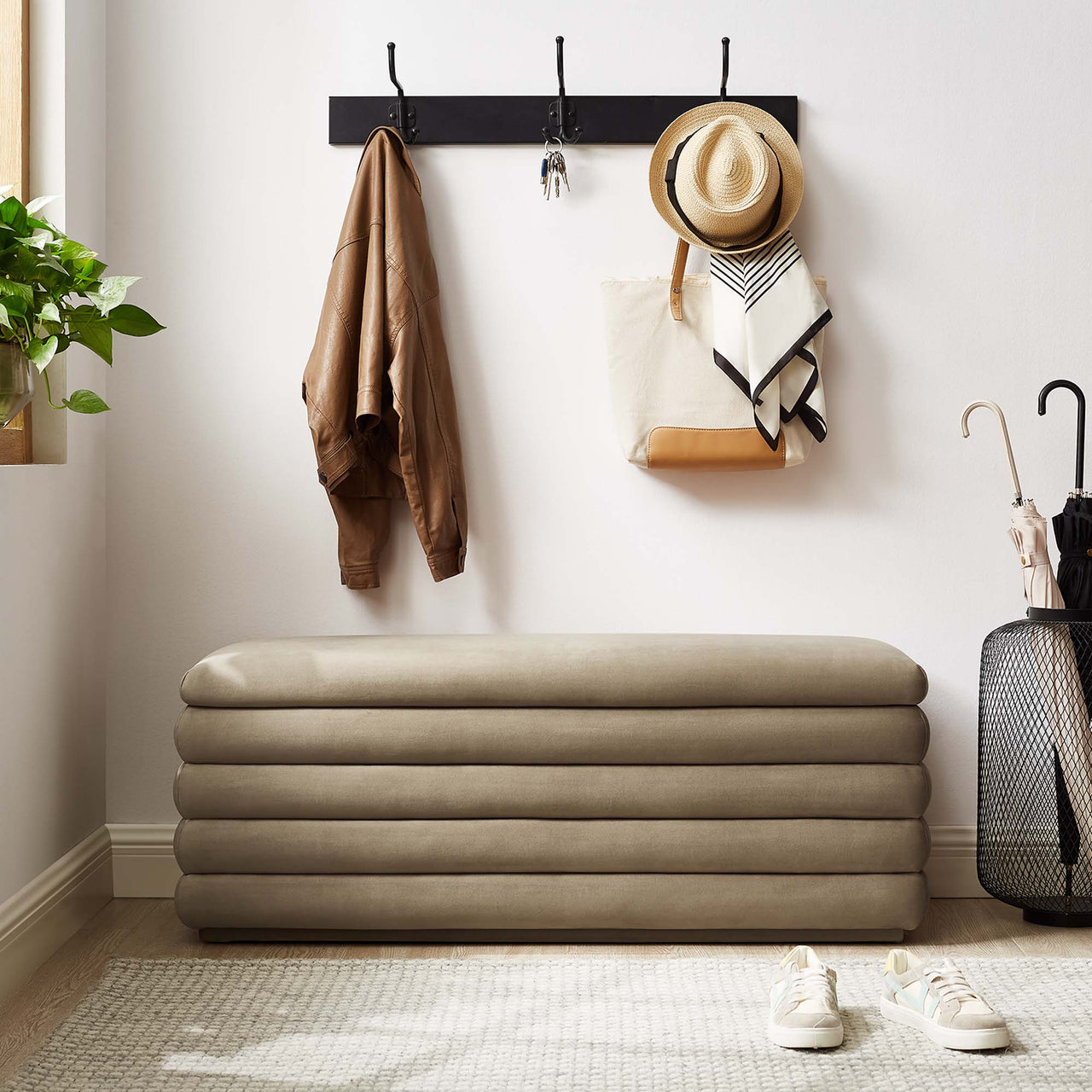 Stacked Upholstered Velvet Storage Bench, Taupe