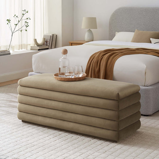 Stacked Upholstered Velvet Storage Bench, Taupe