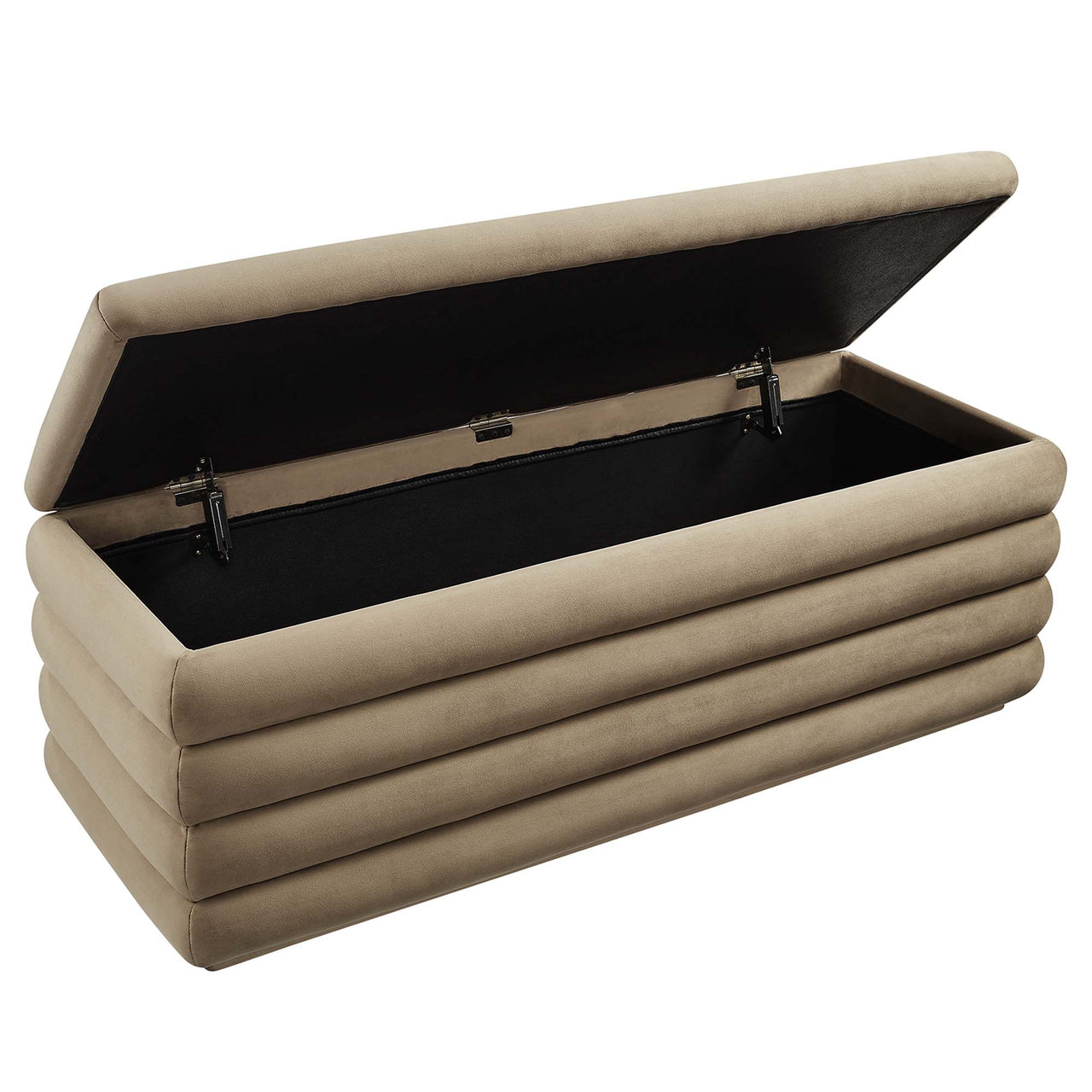 Stacked Upholstered Velvet Storage Bench, Taupe