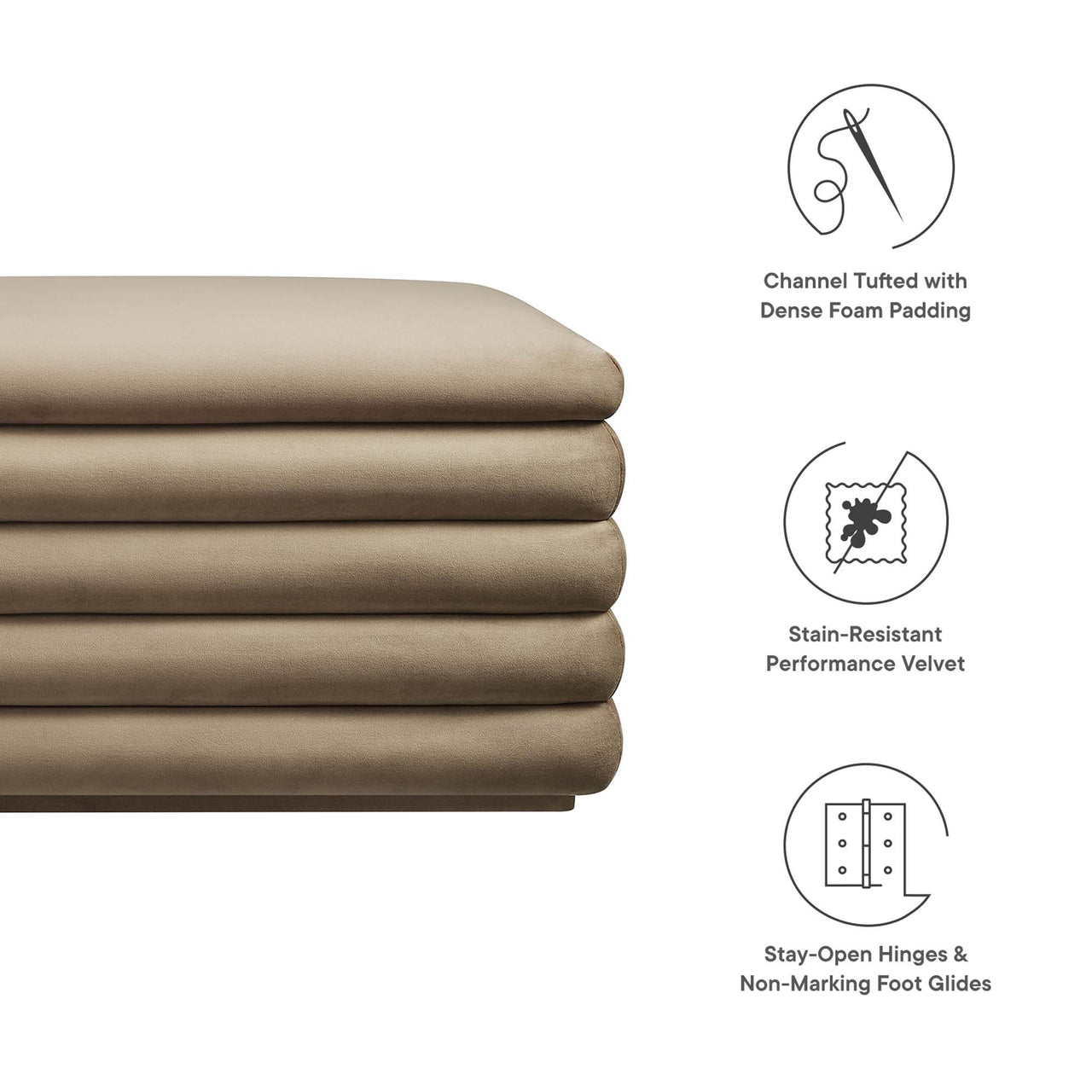 Stacked Upholstered Velvet Storage Bench, Taupe