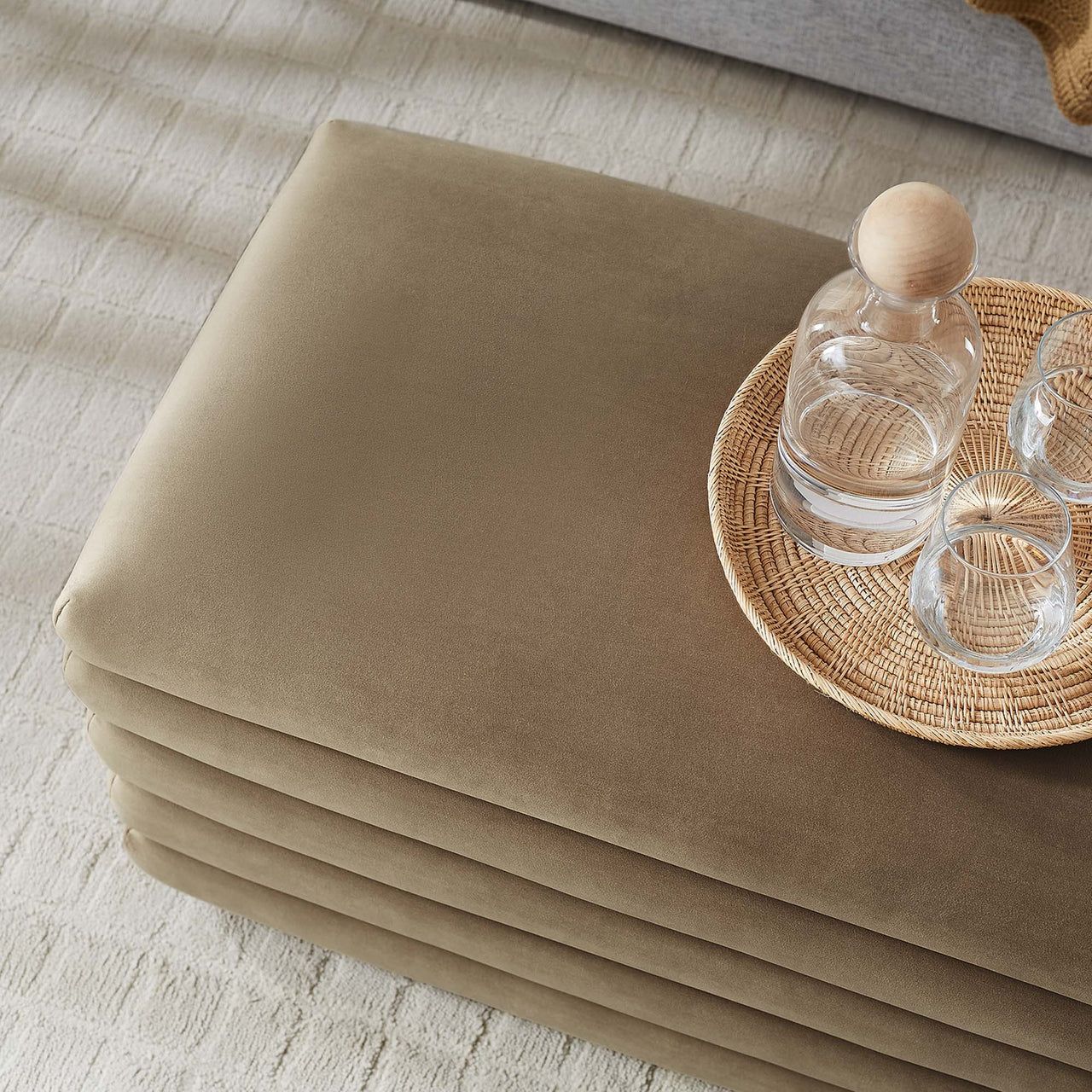 Stacked Upholstered Velvet Storage Bench, Taupe