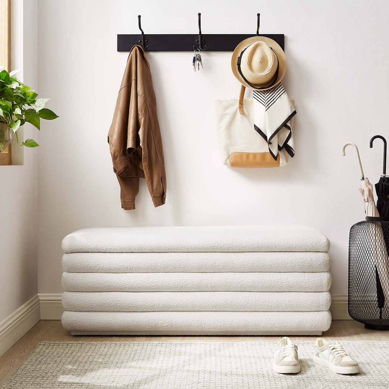 Stacked Upholstered Boucle Storage Bench, Ivory