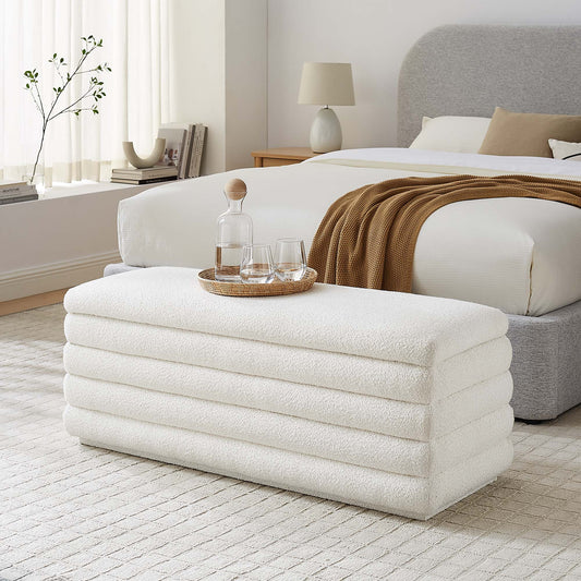 Stacked Upholstered Boucle Storage Bench, Ivory