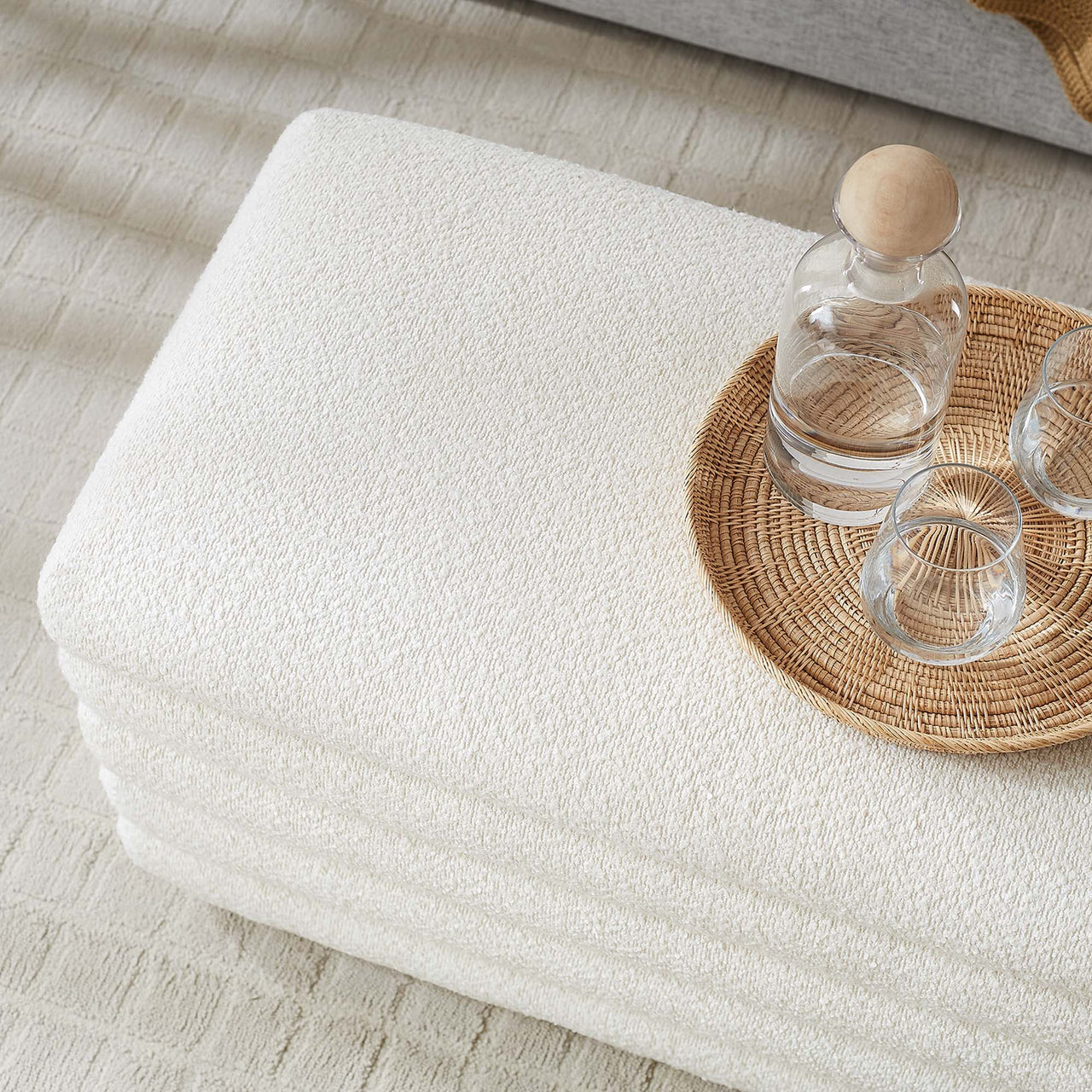 Stacked Upholstered Boucle Storage Bench, Ivory