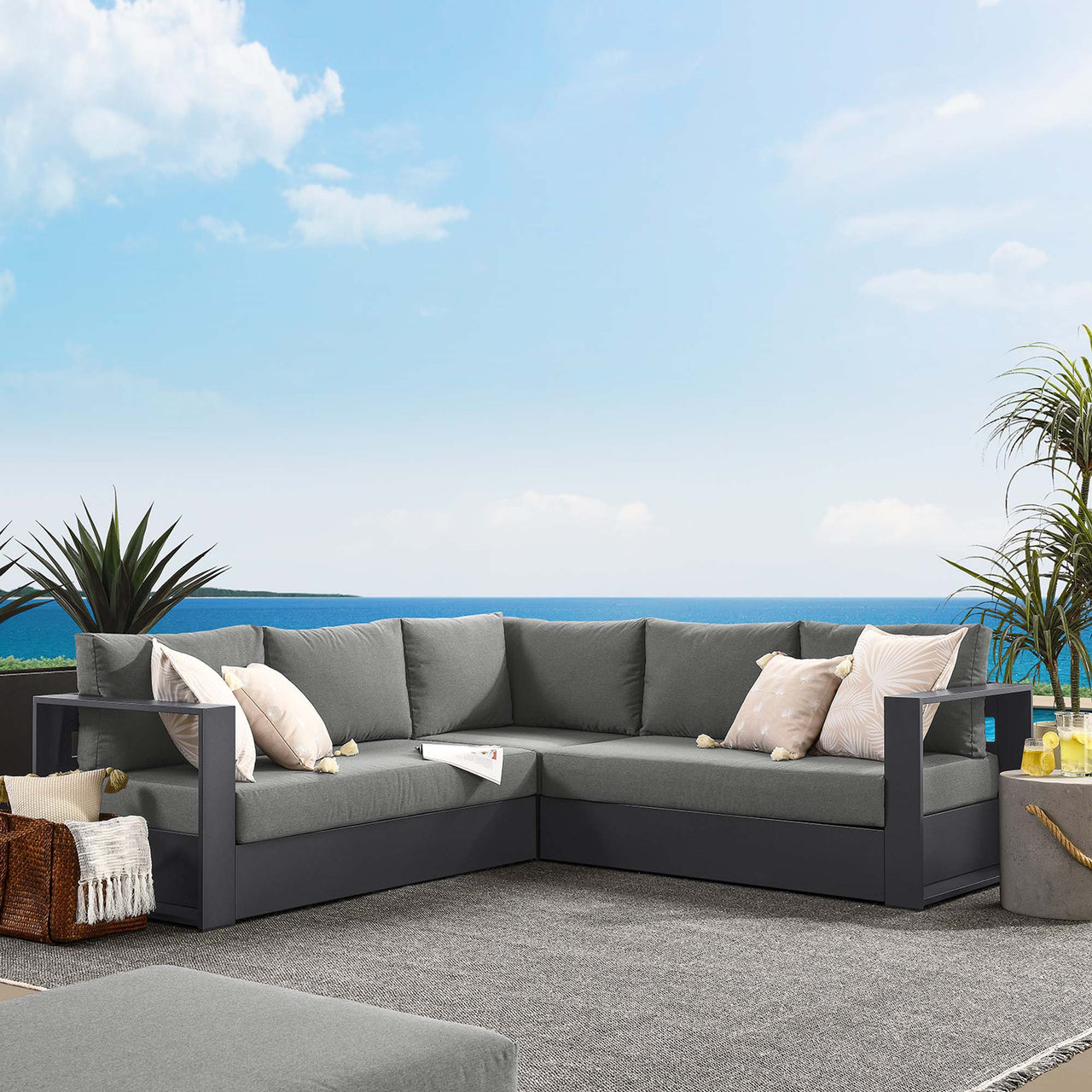 Tahlor 3-Piece Alfresco Powder-Coated Aluminum Sectional Sofa Set, Gray & Charcoal