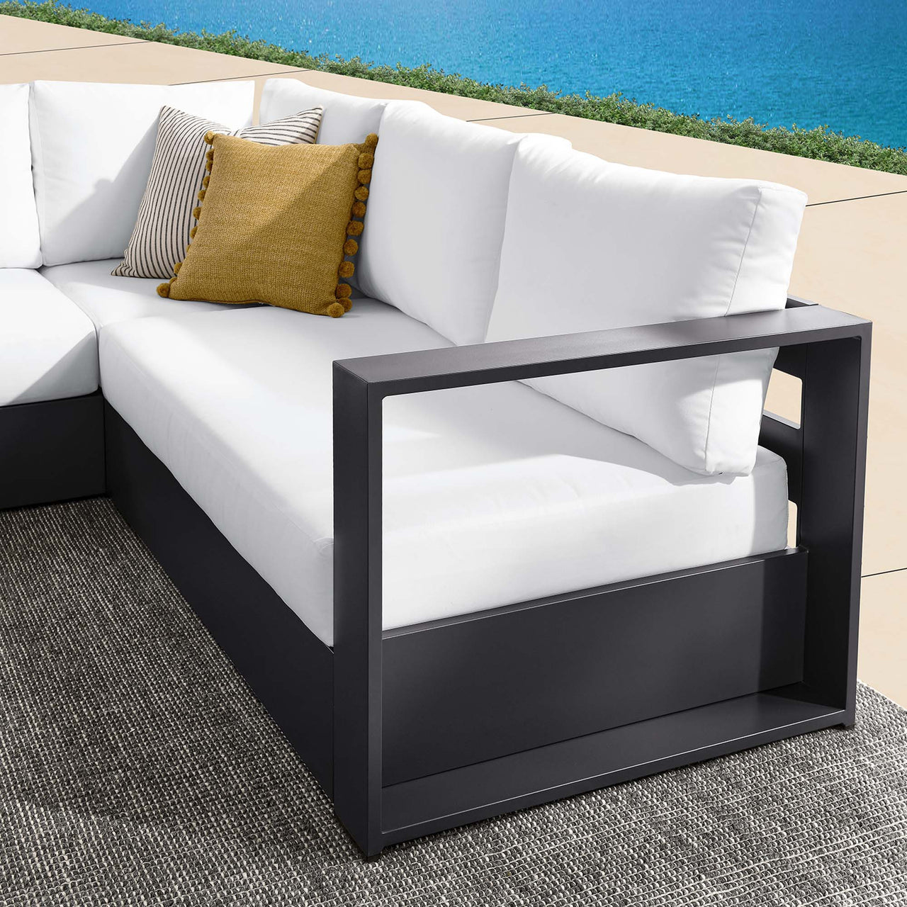 Tahlor 3-Piece Alfresco Powder-Coated Aluminum Sectional Sofa Set, Gray & White